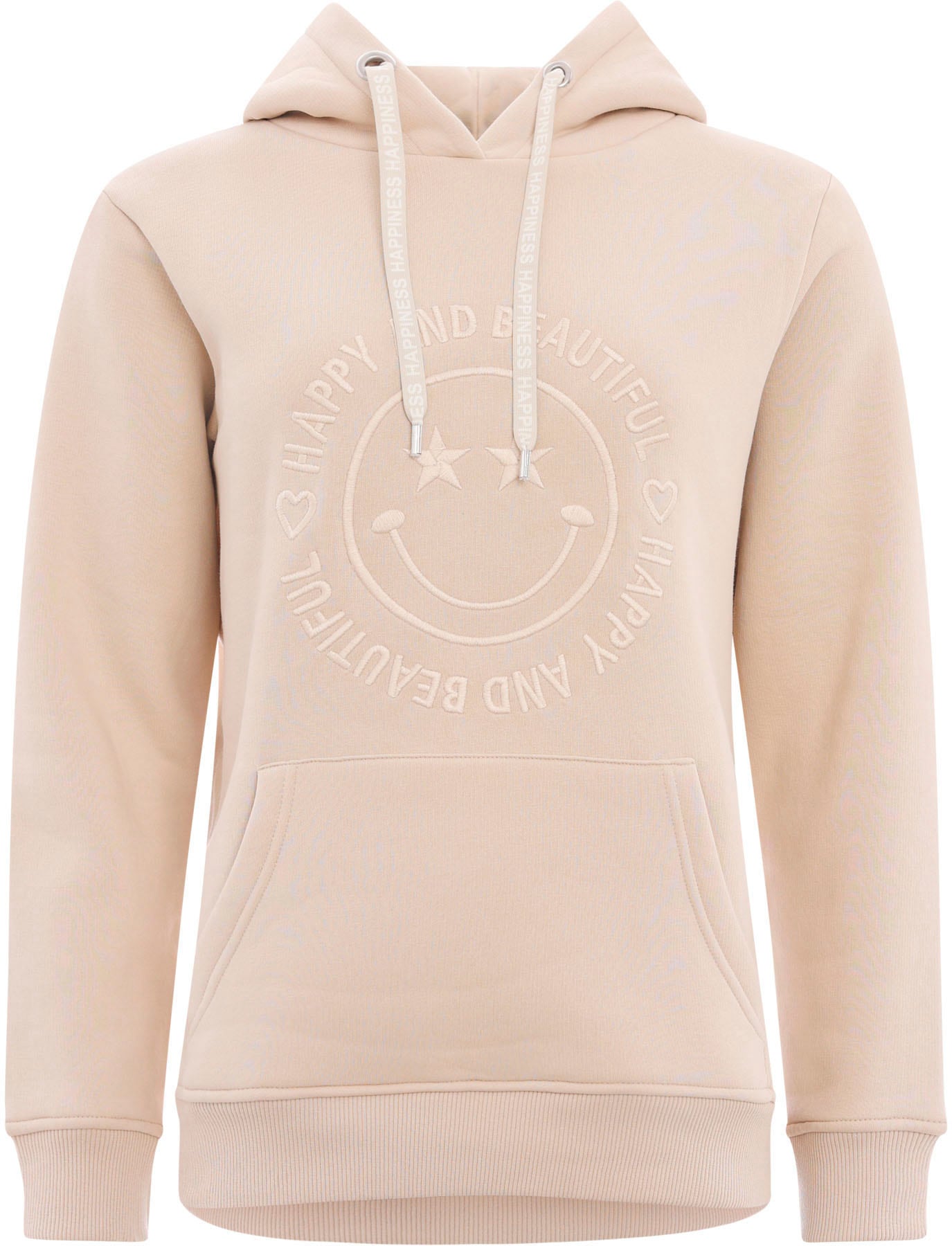 Zwillingsherz Hoodie »Happy and Beautiful«, mit gleichfarbiger Smiley-Stickerei und Bindebänder mit Schriftzug von Zwillingsherz