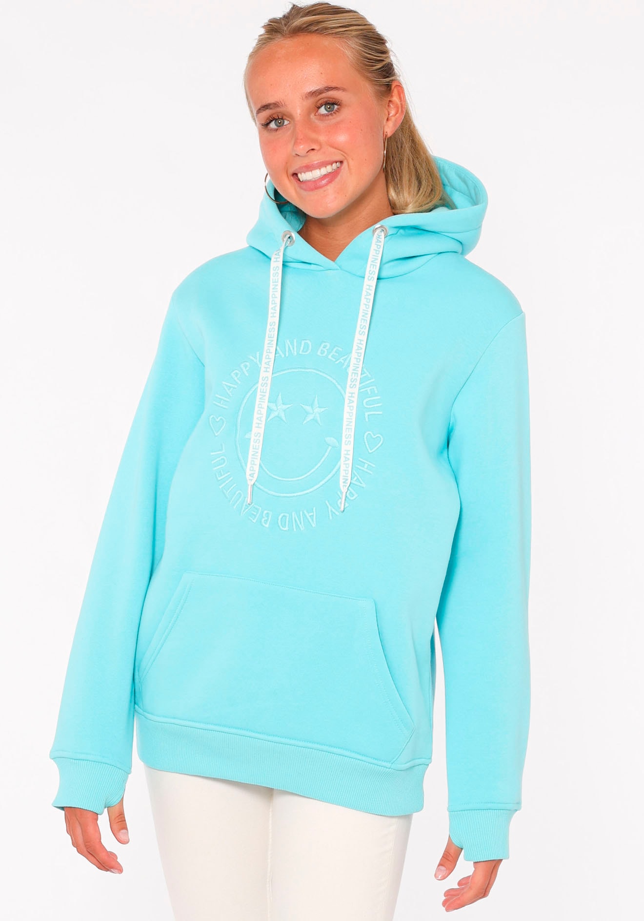 Zwillingsherz Hoodie »Happy and Beautiful«, mit gleichfarbiger Smiley-Stickerei und Bindebänder mit Schriftzug von Zwillingsherz