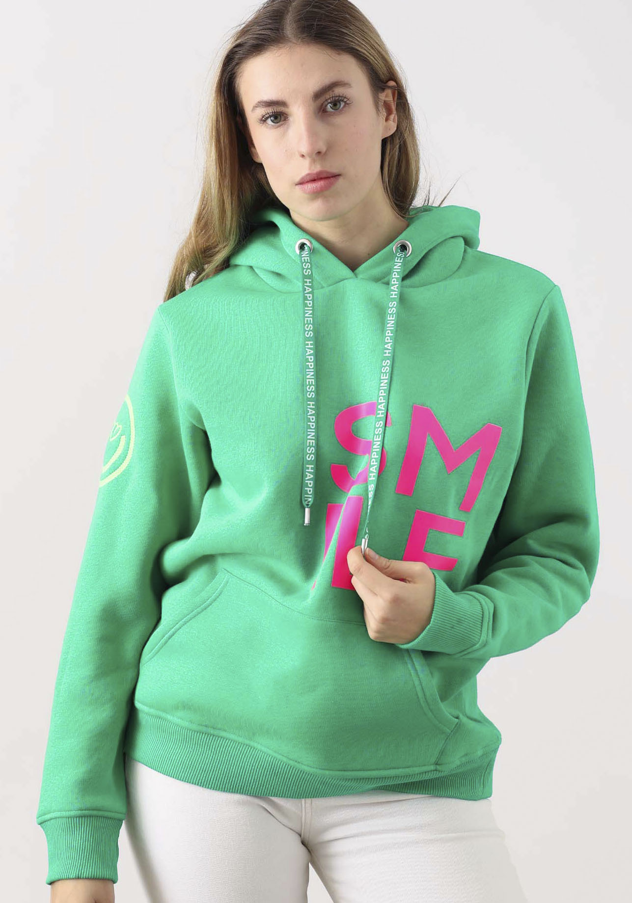 Zwillingsherz Kapuzensweatshirt, mit gesticktem Neon Smiley und Kordel mit Schriftzug von Zwillingsherz