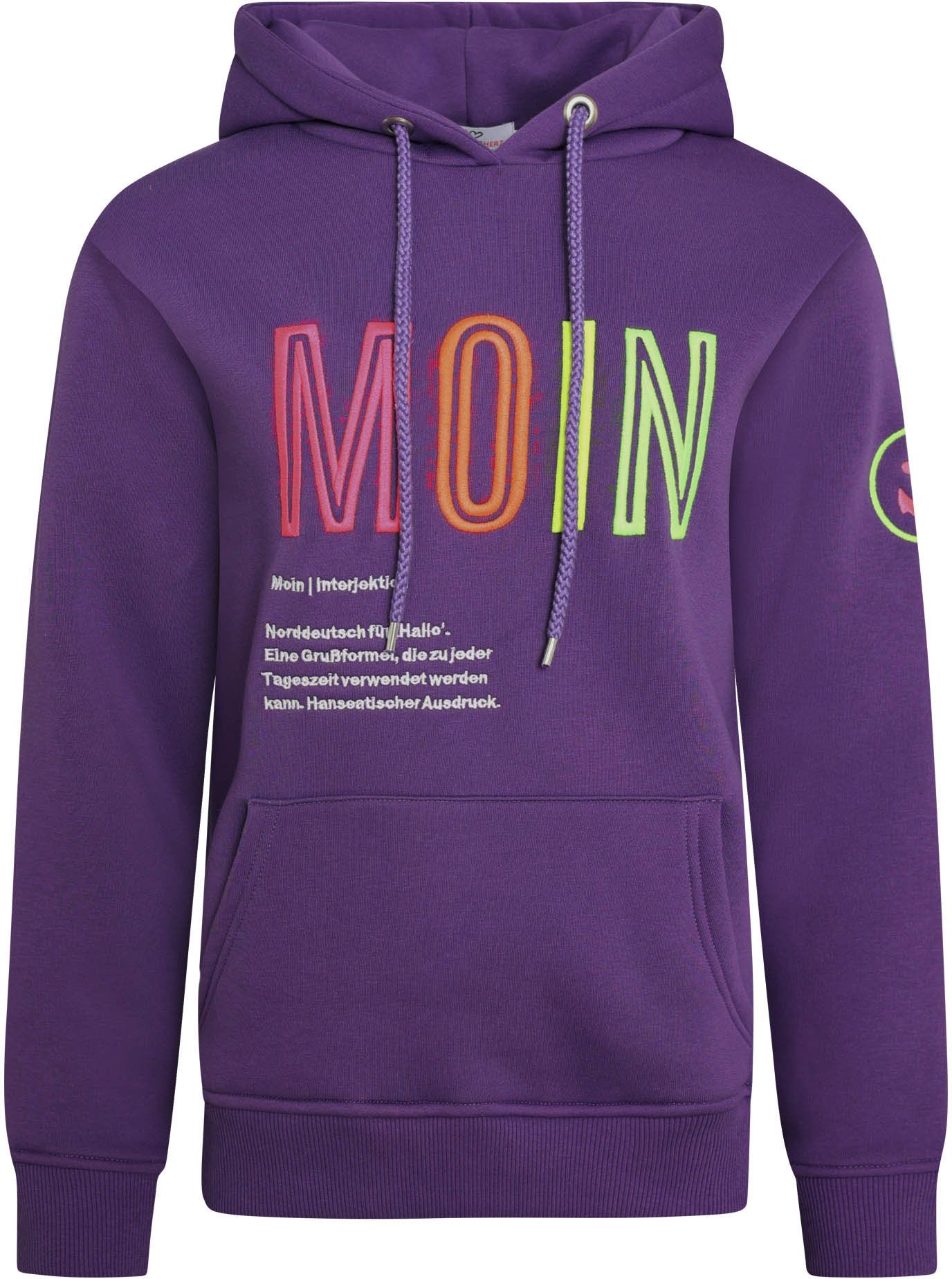 Zwillingsherz Sweatshirt, mit aufgesticktem „Moin“-Schriftzug in Neonfarben von Zwillingsherz