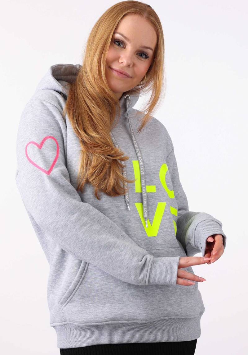 Zwillingsherz Kapuzensweatshirt, mit "Love"-Print und gesticktem Neonherz am Ärmel von Zwillingsherz