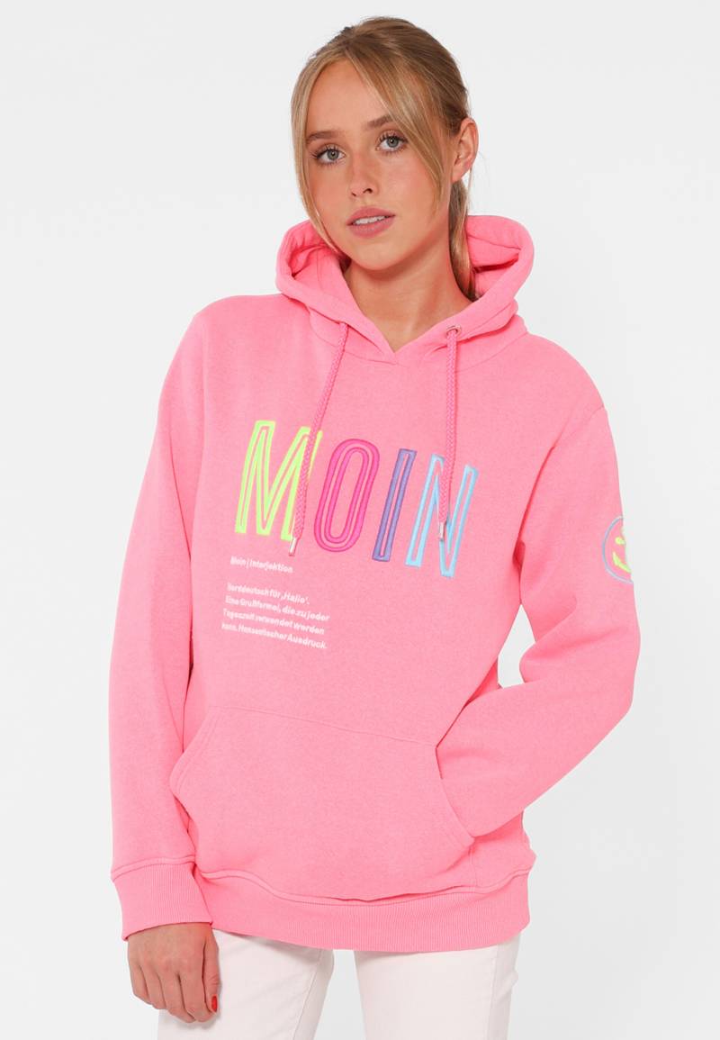 Zwillingsherz Sweatshirt, mit aufgesticktem „Moin“-Schriftzug in Neonfarben von Zwillingsherz