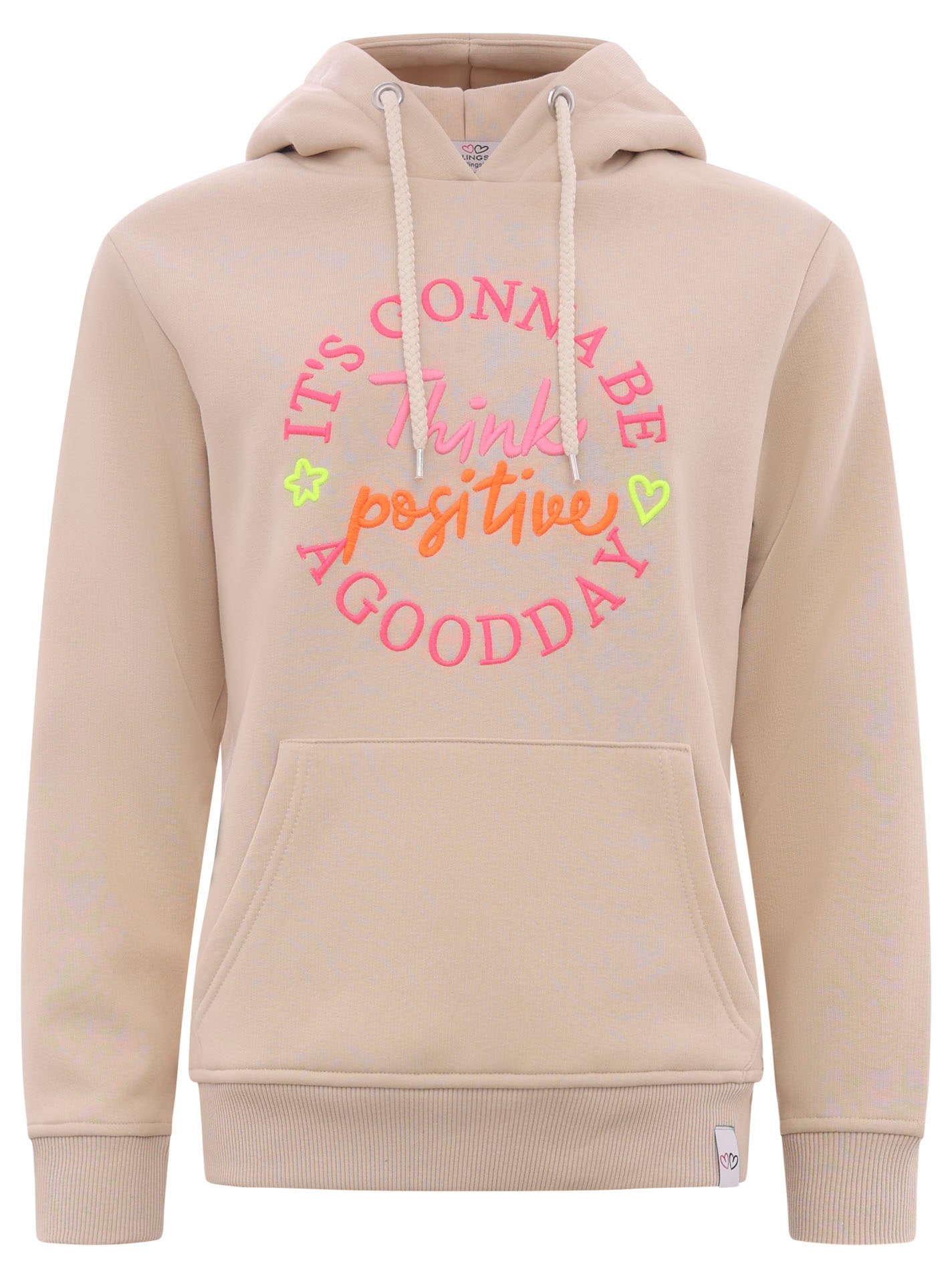 Zwillingsherz Sweatshirt, mit Kapuze und "Think positiv" Aufstick in Neonfarben von Zwillingsherz