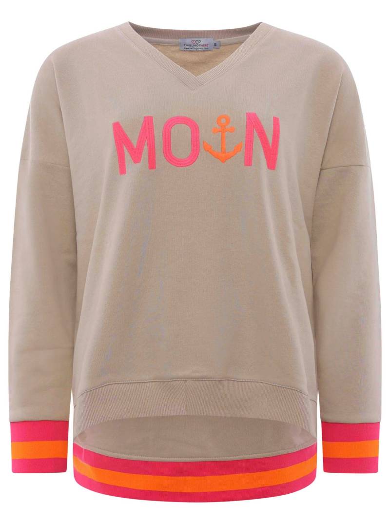 Zwillingsherz Sweatshirt, mit V-Ausschnitt und aufgesticktem "Moin" in Neonfarben von Zwillingsherz