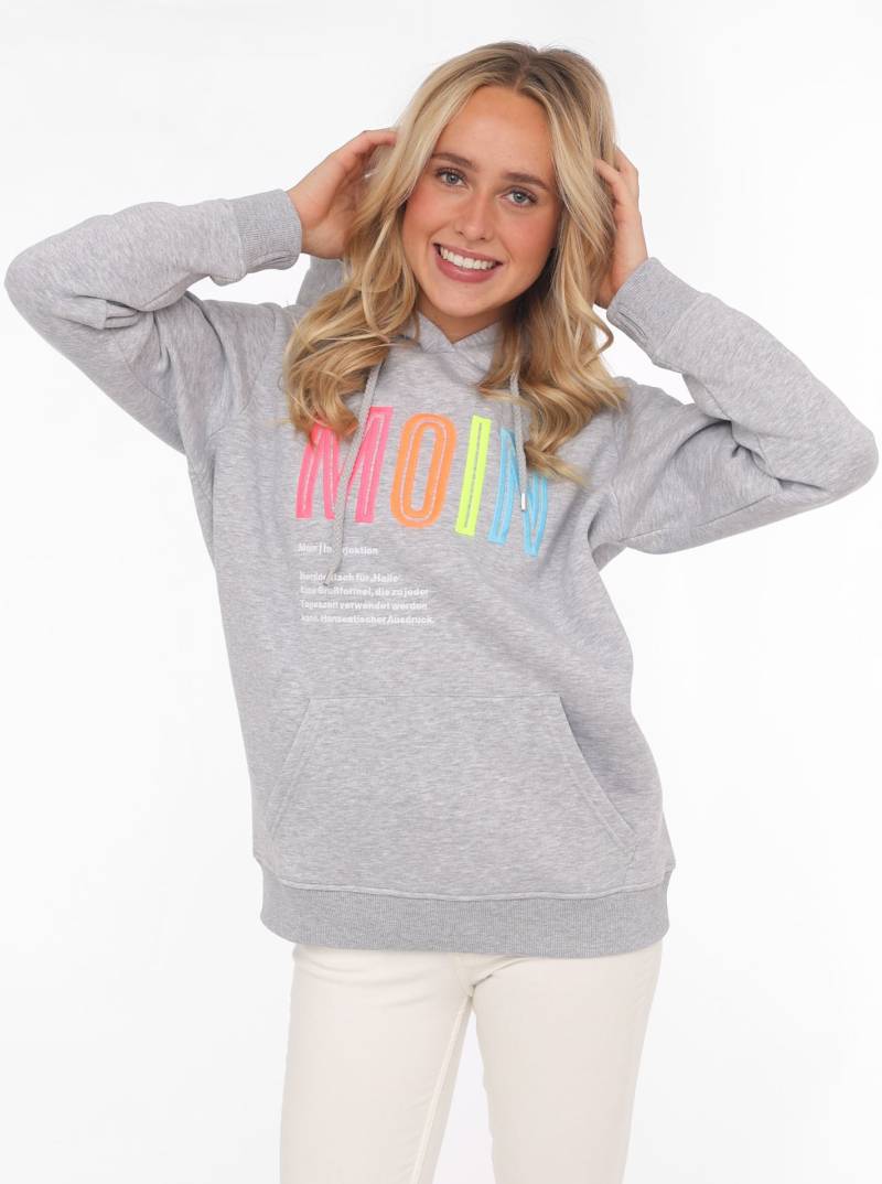 Zwillingsherz Sweatshirt, mit aufgesticktem „Moin“-Schriftzug in Neonfarben von Zwillingsherz