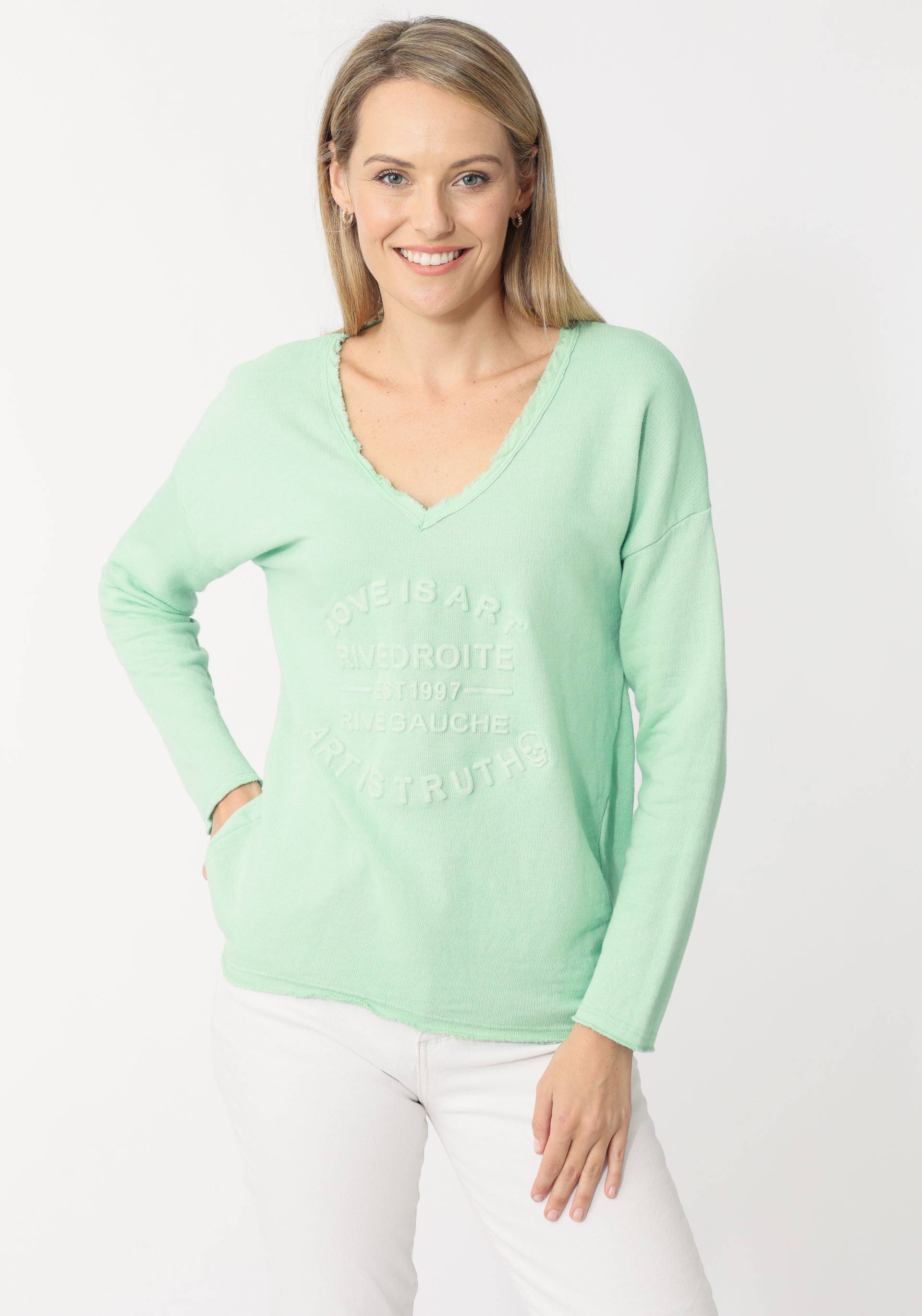 Zwillingsherz Sweatshirt, mit ausgefranstem V-Ausschnitt im Vintage Look Zwillingsherz Sweatshirt, mit ausgefranstem V-Ausschnitt im Vintage Look von Zwillingsherz