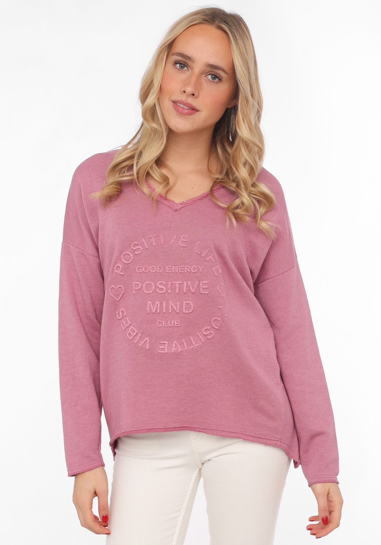 Zwillingsherz Sweatshirt »Sweatshirt BW "Positive Mind"«, Sweatshirt im Used-Look mit V-Ausschnitt und Stempeldruck von Zwillingsherz