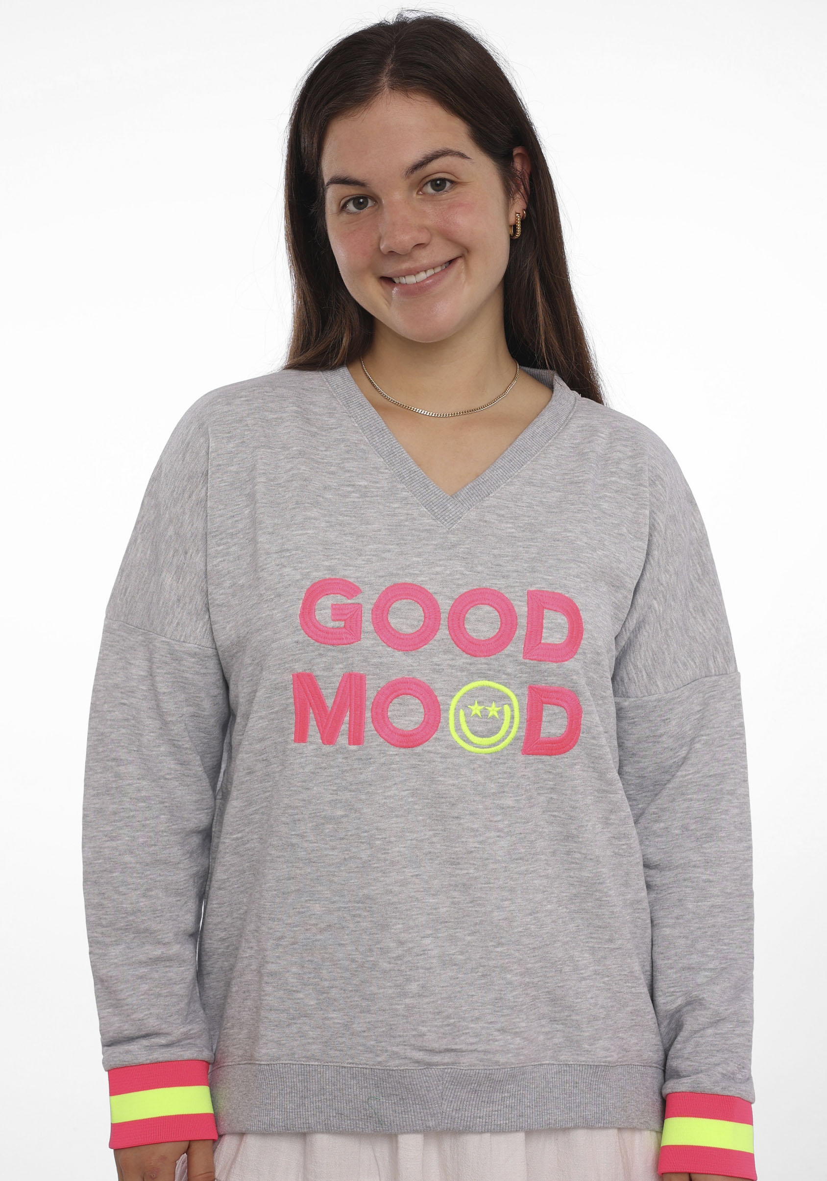 Zwillingsherz Sweatshirt, mit aufgesticktem Smiley und "Good Mood"-Schriftzug von Zwillingsherz