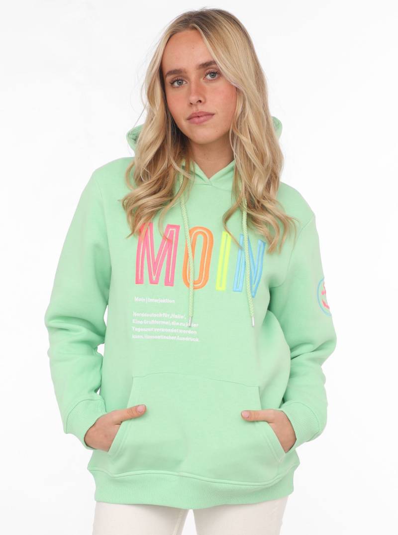 Zwillingsherz Sweatshirt, mit aufgesticktem „Moin“-Schriftzug in Neonfarben von Zwillingsherz