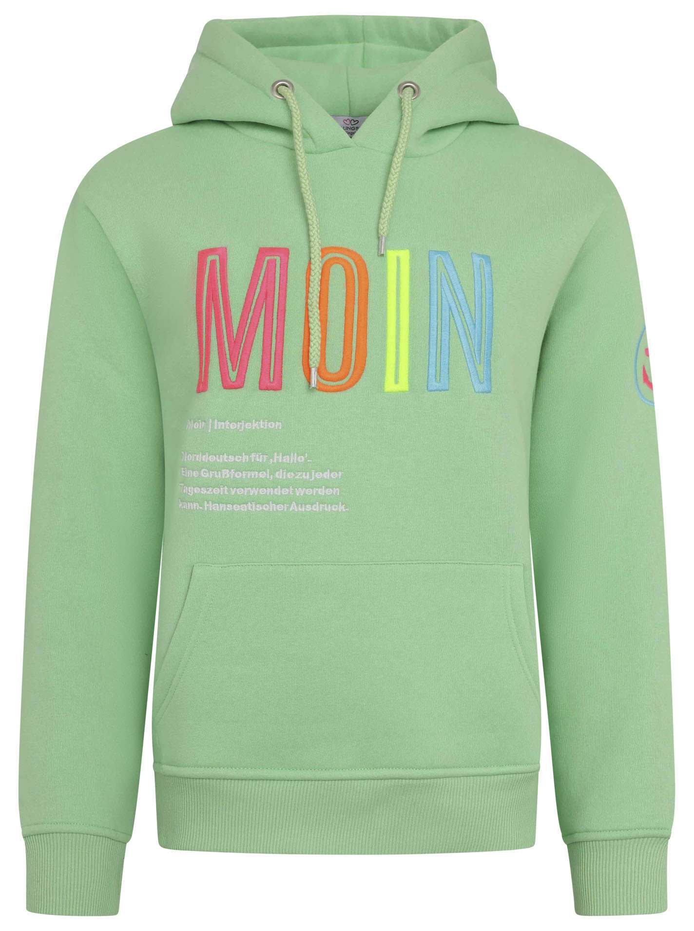 Zwillingsherz Sweatshirt, mit aufgesticktem „Moin“-Schriftzug in Neonfarben von Zwillingsherz