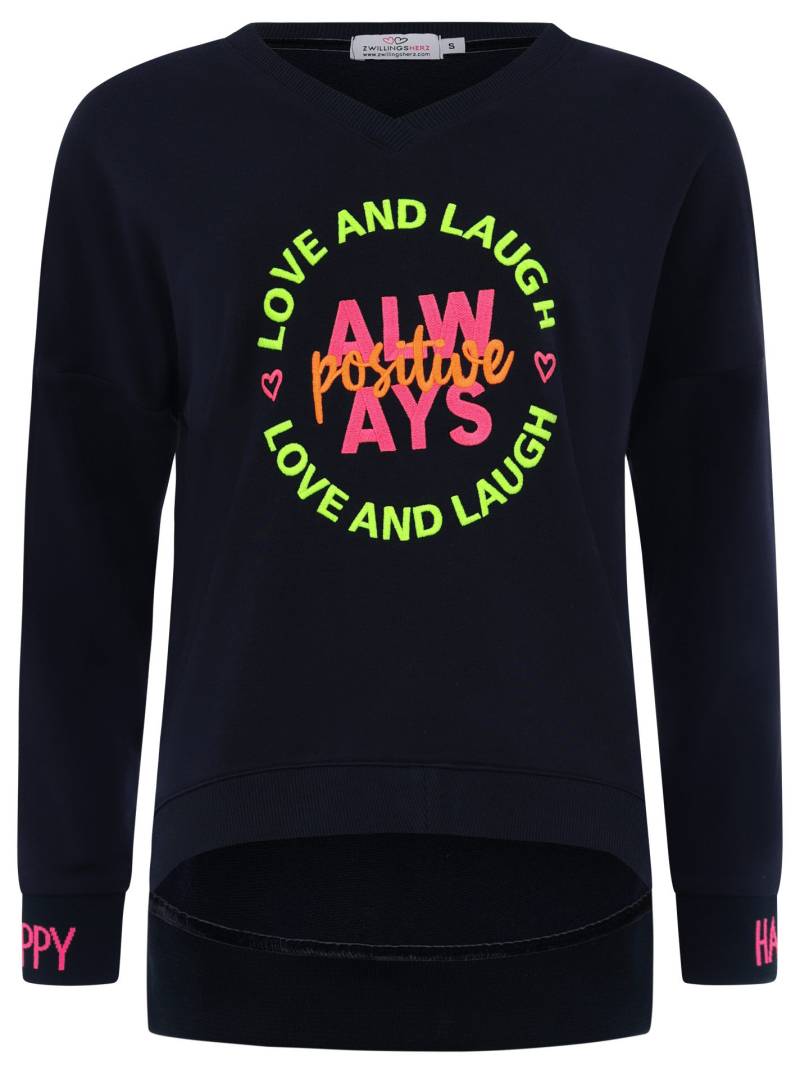 Zwillingsherz Sweatshirt, mit neonfarbener "Always Positive"-Stickerei im Vokuhila Schnitt von Zwillingsherz