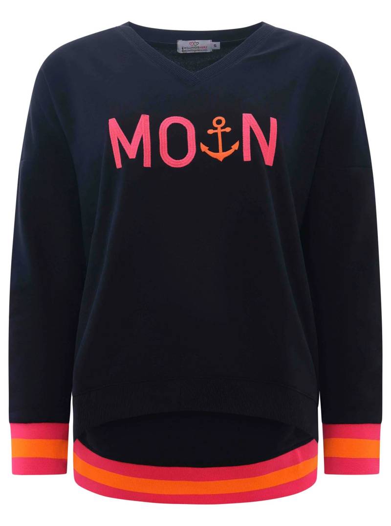 Zwillingsherz Sweatshirt, mit V-Ausschnitt und aufgesticktem "Moin" in Neonfarben von Zwillingsherz