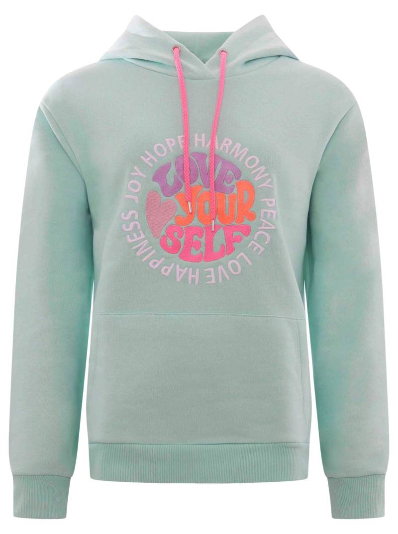 Zwillingsherz Sweatshirt, in Pastell mit neonfarbener "Love Yourself" Stickerei & pinker Kordel von Zwillingsherz