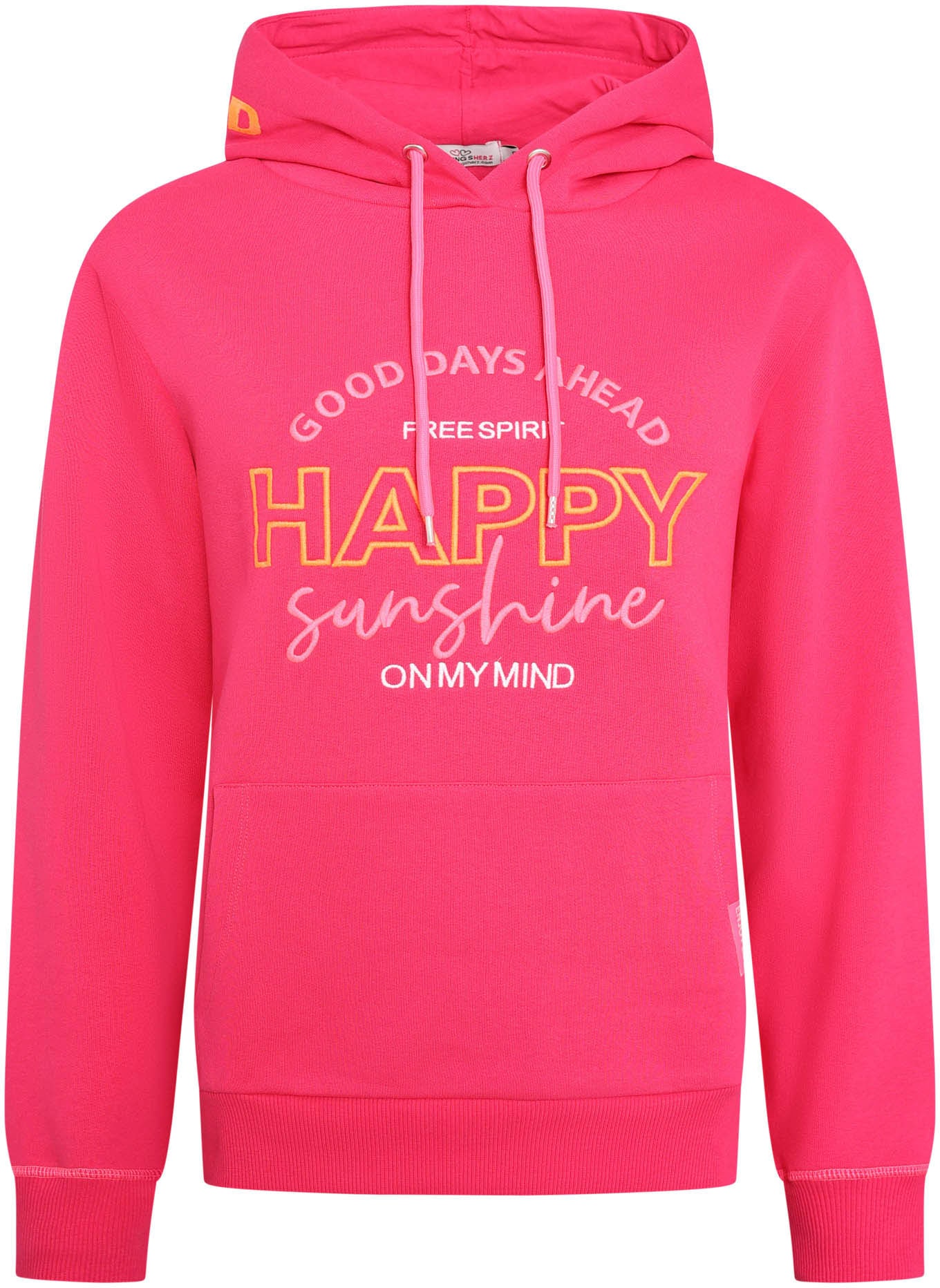 Zwillingsherz Sweatshirt, mit "Happy"-Aufstick und "Feel Good"-Schriftzug auf der Kapuze von Zwillingsherz