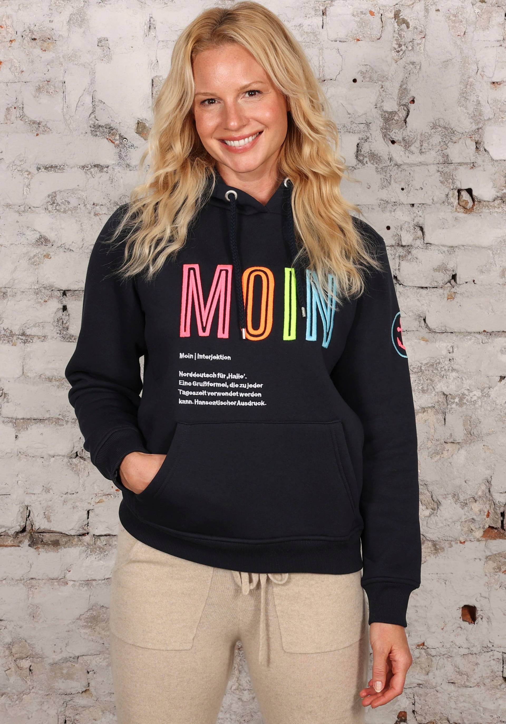 Zwillingsherz Sweatshirt, mit aufgesticktem „Moin“-Schriftzug in Neonfarben von Zwillingsherz