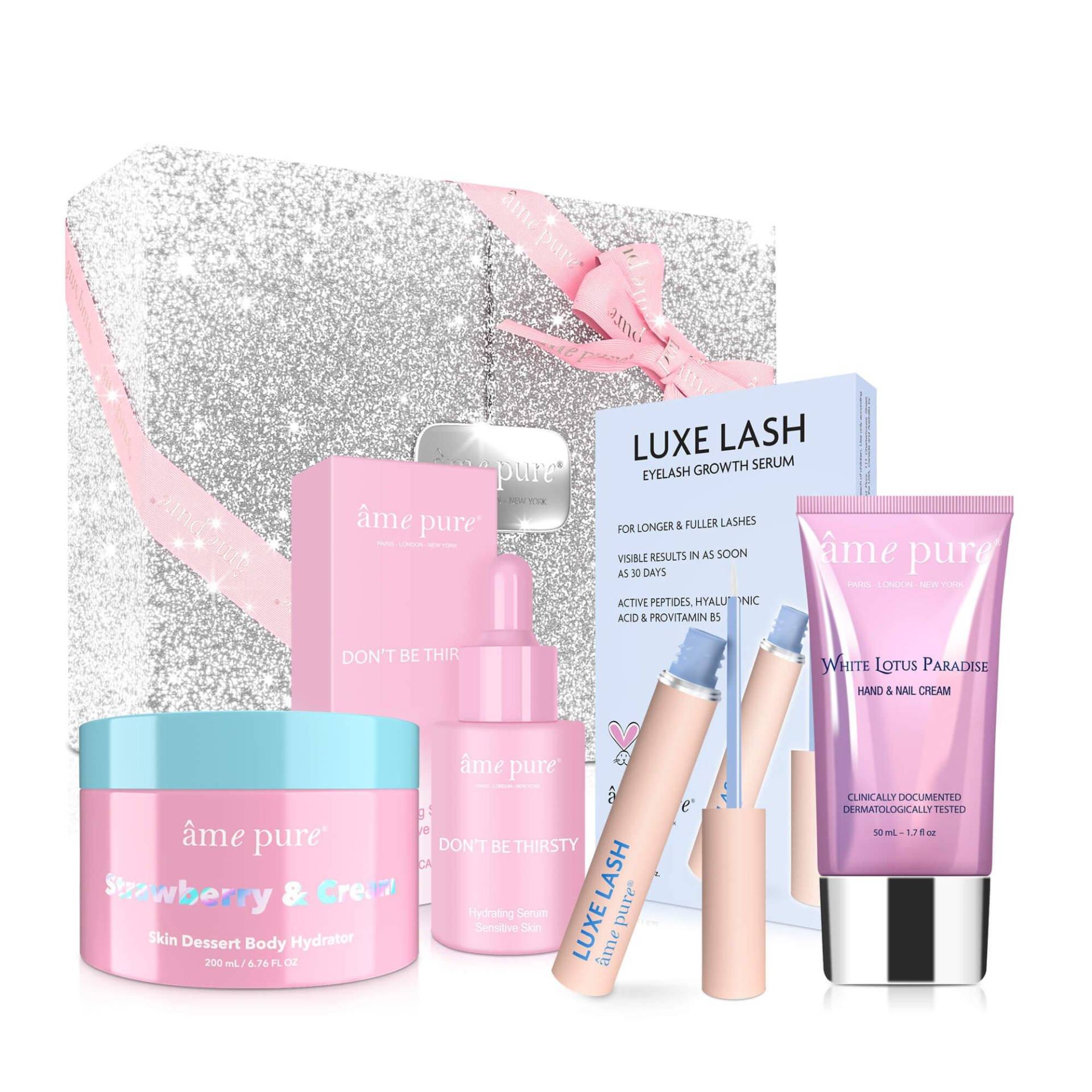 âme pure - HOLIDAY GLOW Geschenkset: Luxe Lash Wimpernserum, Feuchtigkeitsserum für das Gesicht, Körpercreme, Handcreme, One Size von âme pure