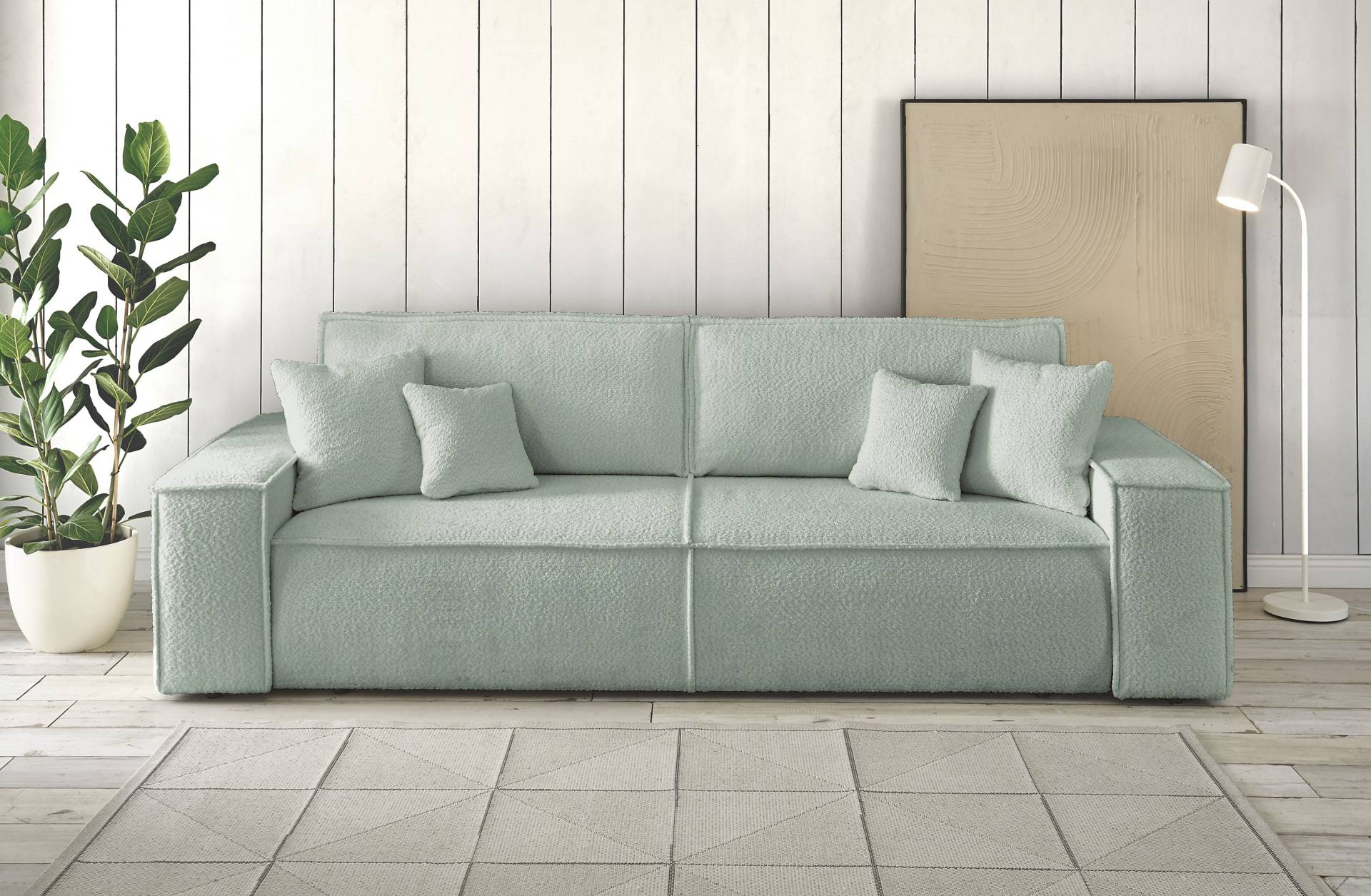 andas 3-Sitzer »FINNLEY Schlafsofa 257 cm, Schlaffunktion mit Bettkasten (200/136cm)«, in Aqua Clean-Bouclé, Struktur fein u. Cord von andas