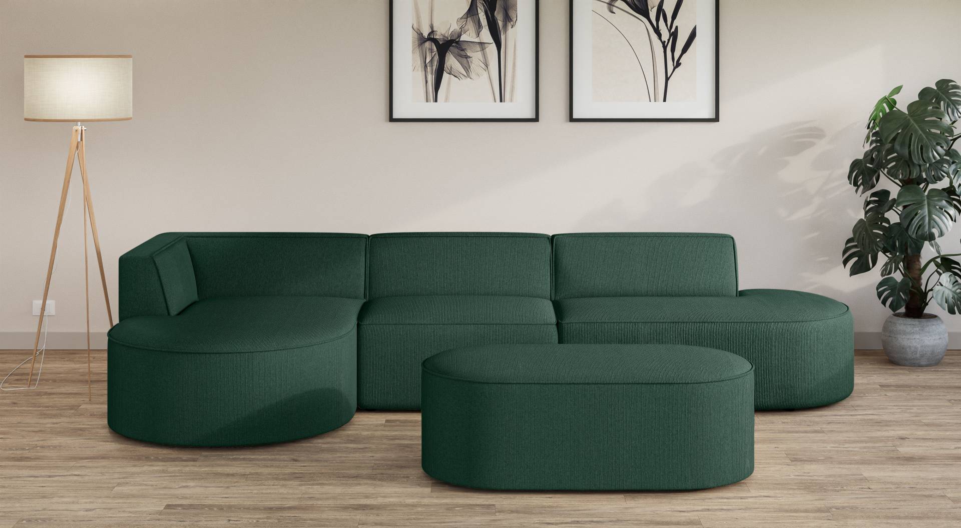 andas Ecksofa »Ecksofa EIVIND mit Ottomane rechts/links, Masse: B/H/T 343/159/72 cm«, L-Form mit Wellenunterfederung, auch in Feincord und Bouclé von andas