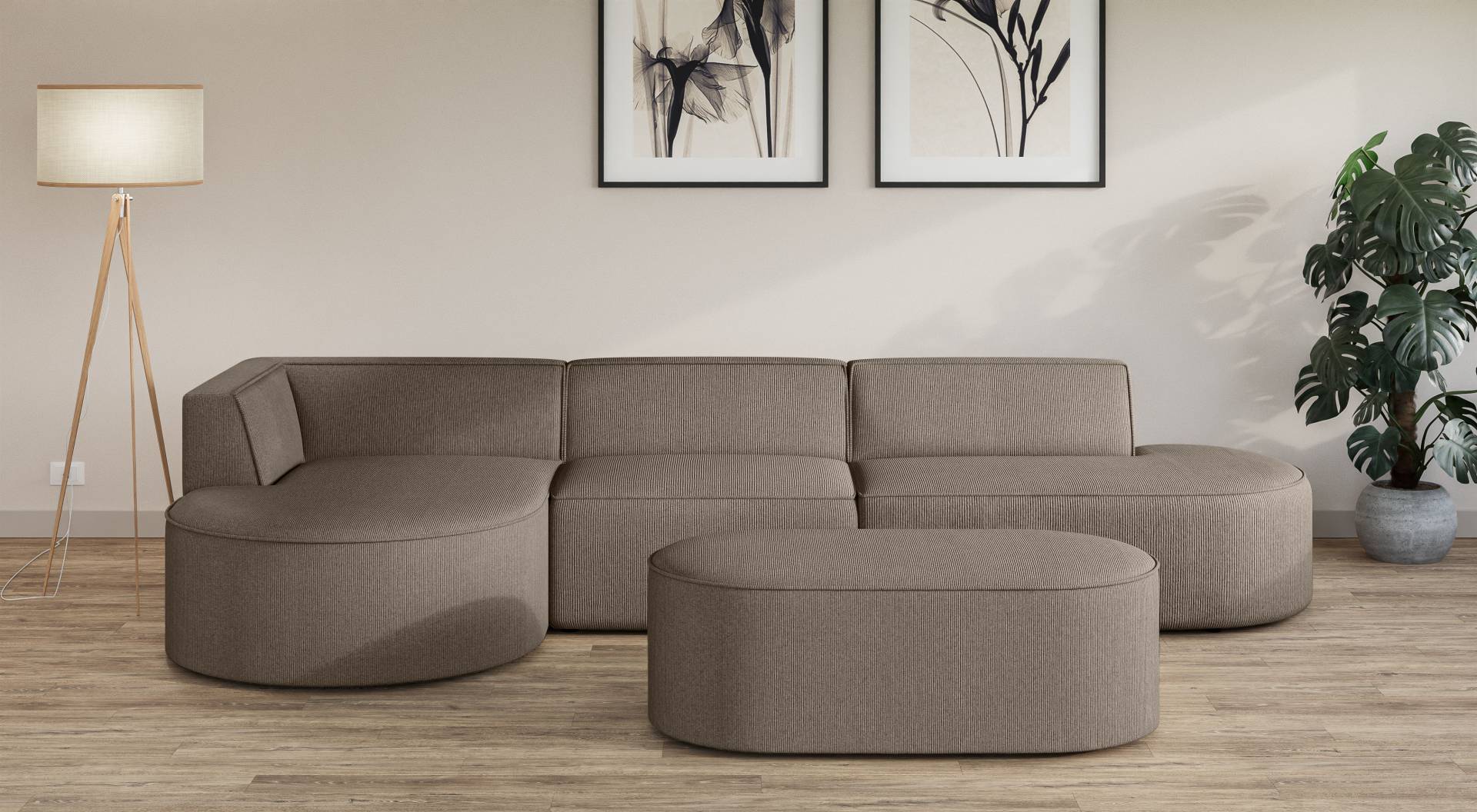 andas Ecksofa »Ecksofa EIVIND mit Ottomane rechts/links, Masse: B/H/T 343/159/72 cm«, L-Form mit Wellenunterfederung, auch in Feincord und Bouclé von andas