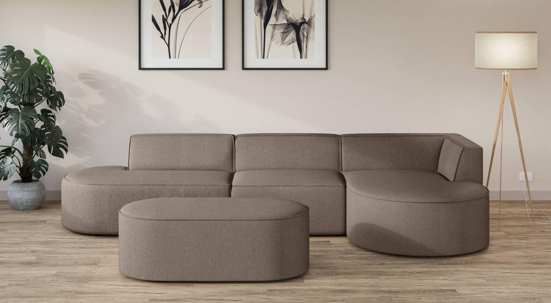 andas Ecksofa »Ecksofa EIVIND mit Ottomane rechts/links, Masse: B/H/T 343/159/72 cm«, L-Form mit Wellenunterfederung, auch in Feincord und Bouclé von andas