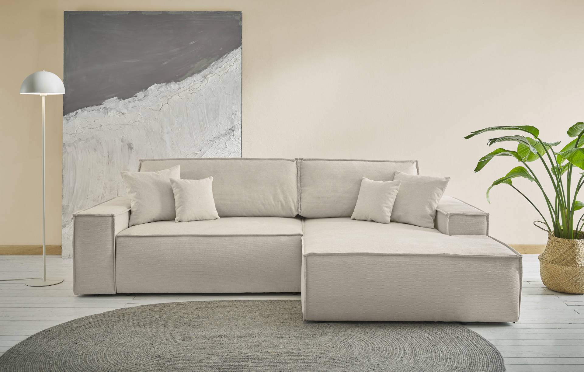 andas Ecksofa »Finnley Schlafsofa 267 cm in Bouclé, Struktur fein u. Cord, L-Form,«, Schlaffunktion m. Bettkasten (136/210 cm), Bouclé, Struktur und Cord von andas