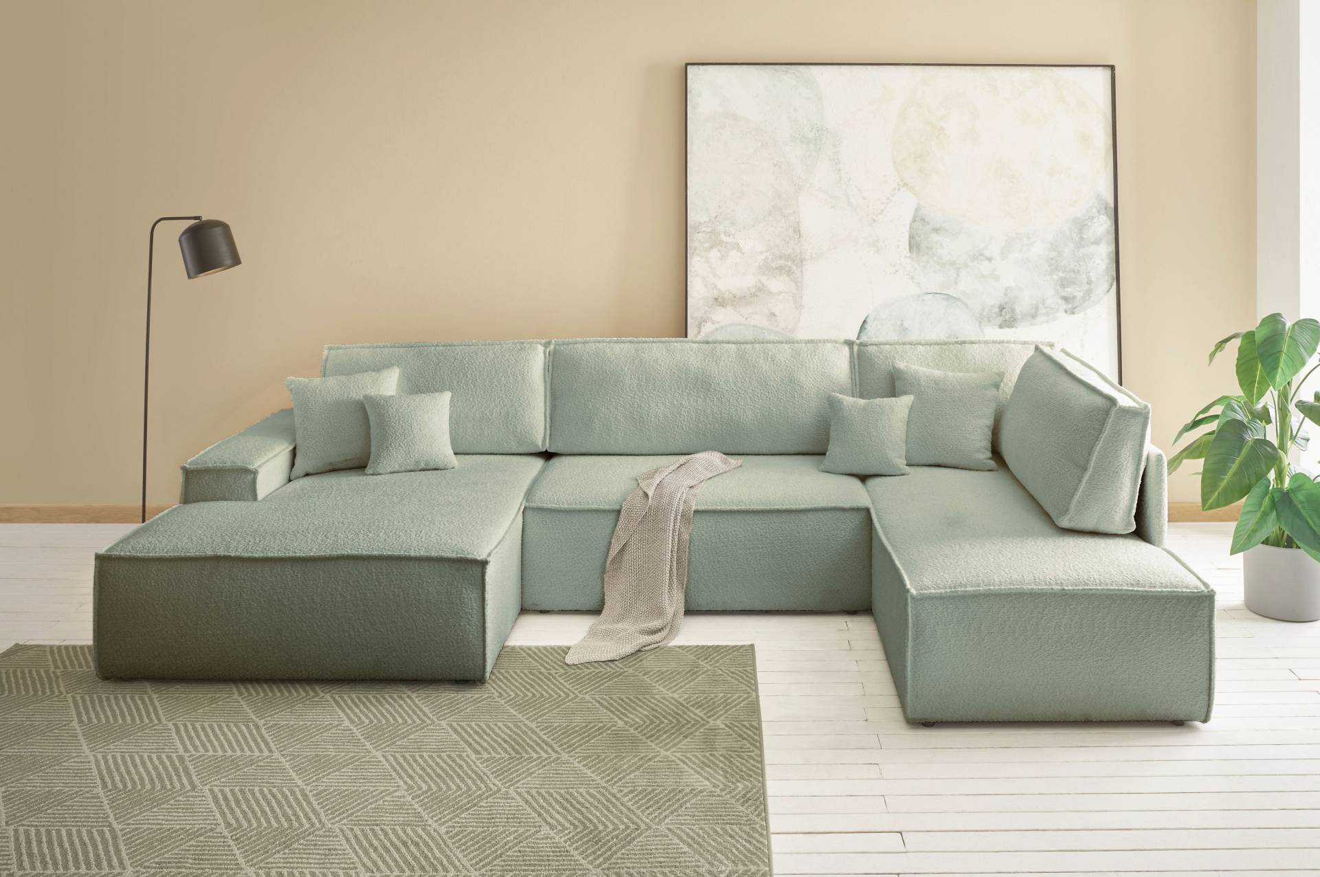 andas Wohnlandschaft »FINNLEY U-Form XXL 329 cm, Schlafsofa, Schlaffunktion m. Bettkasten«, (194/139 cm), Bouclé u. Struktur von andas