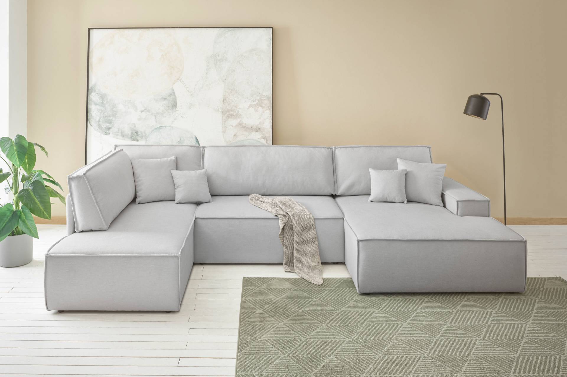 andas Wohnlandschaft »FINNLEY U-Form XXL 329 cm, Schlafsofa, Schlaffunktion m. Bettkasten«, (194/139 cm), Bouclé u. Struktur von andas