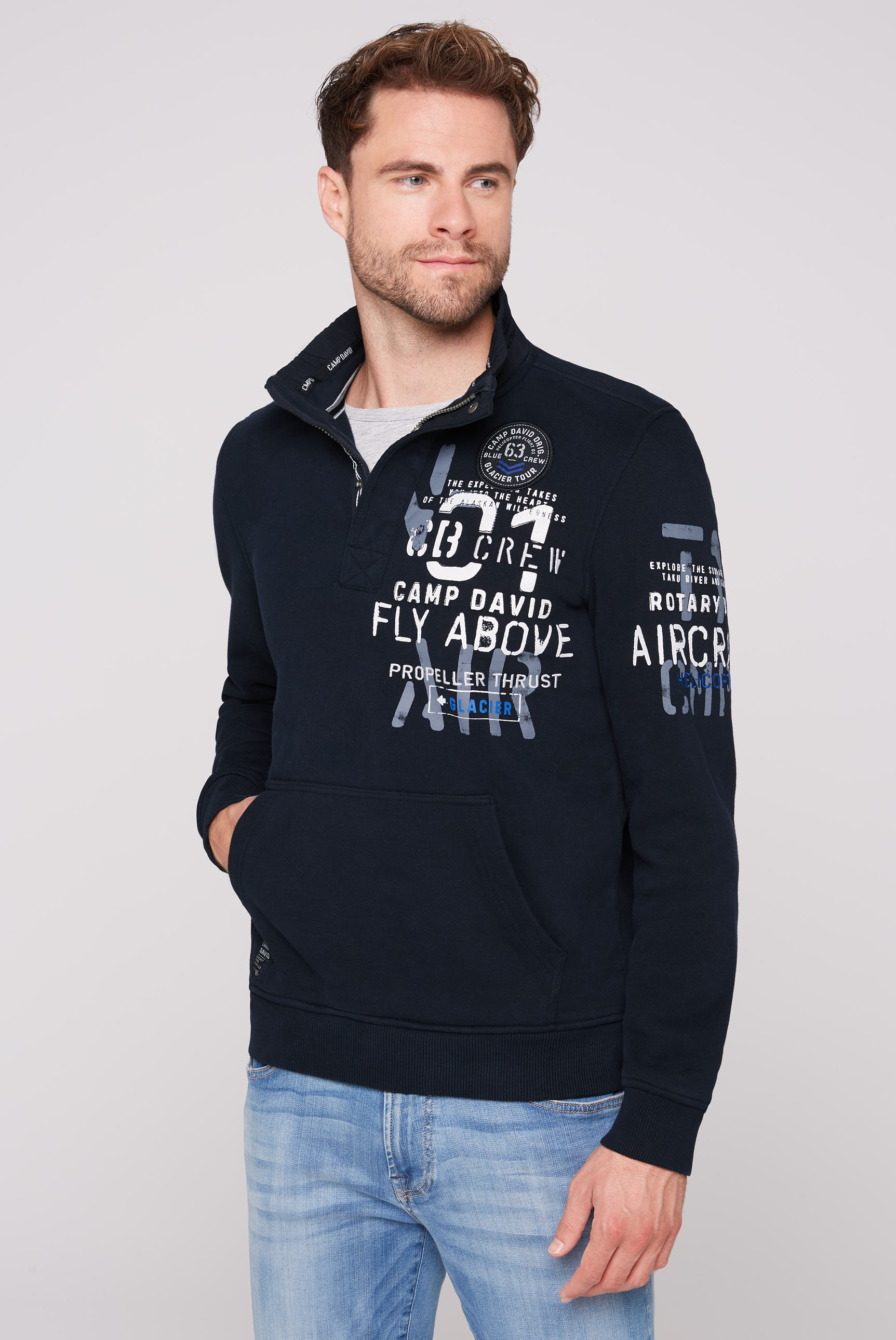 CAMP DAVID Sweatshirt, Troyer mit Känguru-Tasche und Prints von camp david