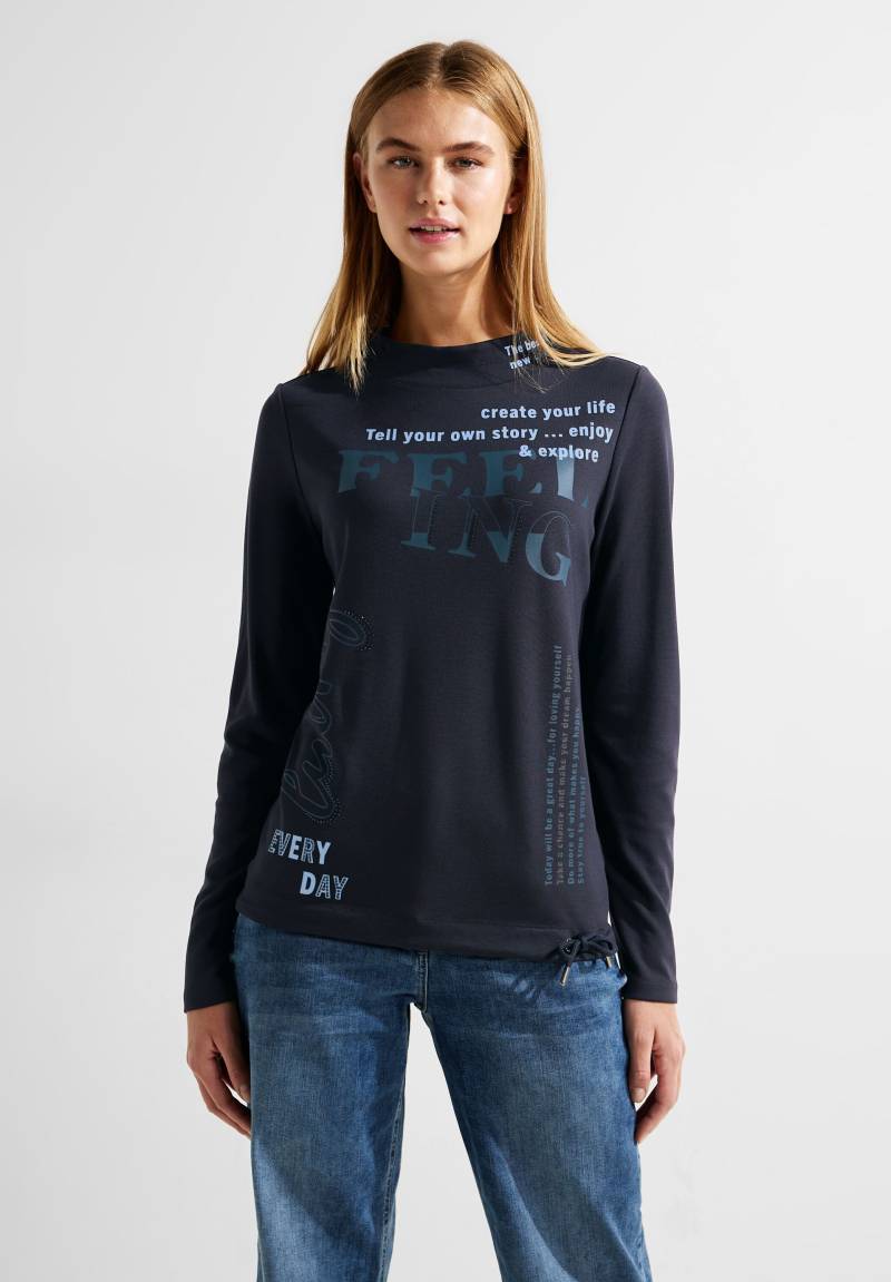 Cecil Langarmshirt »Langarmshirt mit Wording«, Stehkragen, Wording mit Ziersteinchen, Tunnelzug im Bund von cecil