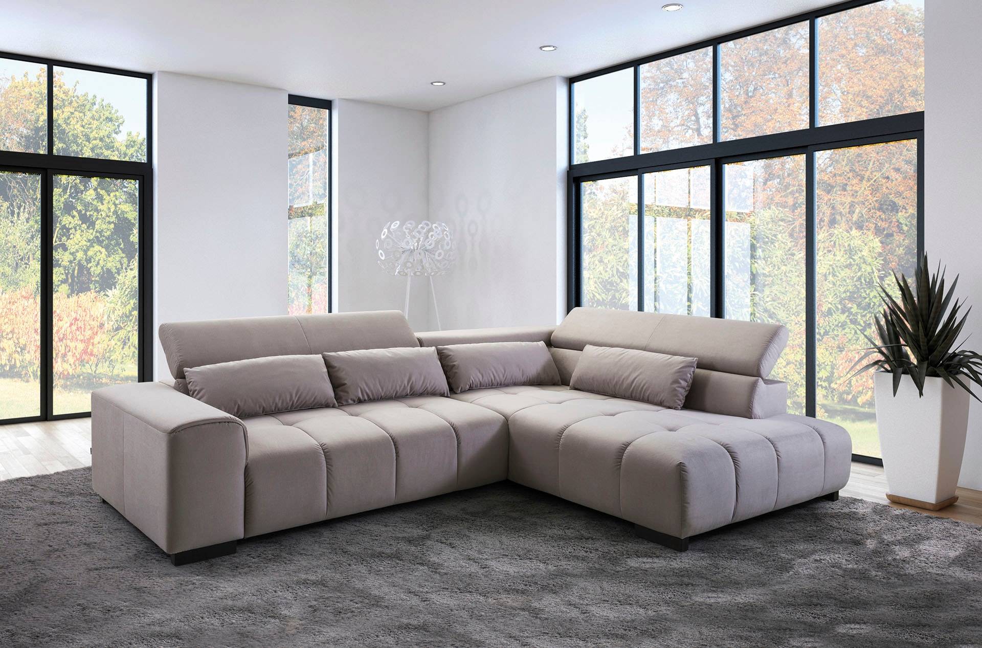 exxpo - sofa fashion Ecksofa »Positano, hoher Sitzkomfort, bequem, aufwendige Detailverarbeitung«, 3 verstellbare Kopfstützen, wahlw. mit Bettfunktion und Kissen, L-Form von exxpo - sofa fashion