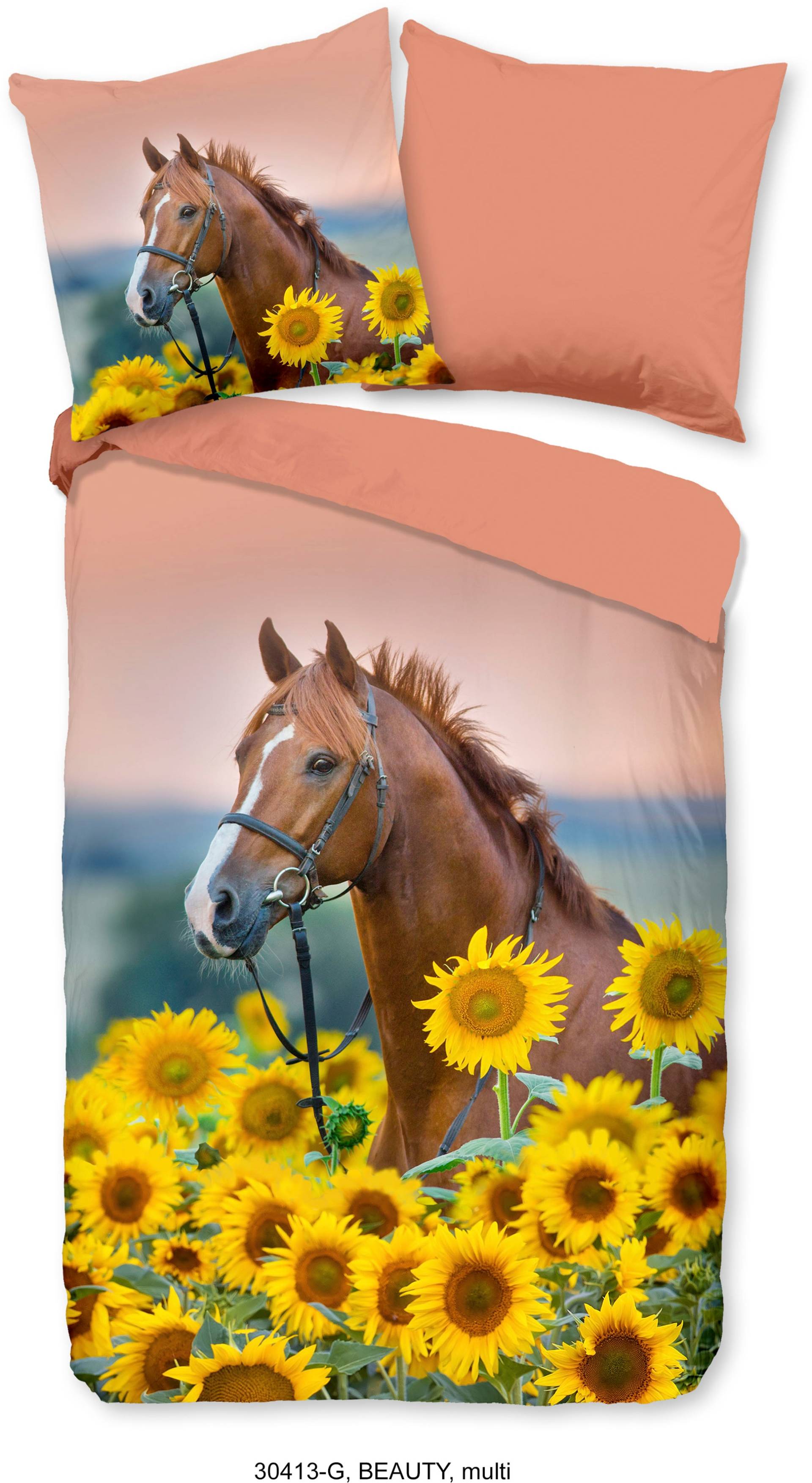 good morning Kinderbettwäsche »Beauty Horse Sunflower«, Baumwolle, 135x200, Reissverschluss, Wendeoptik, Kind, Mädchen, Pferd von good morning