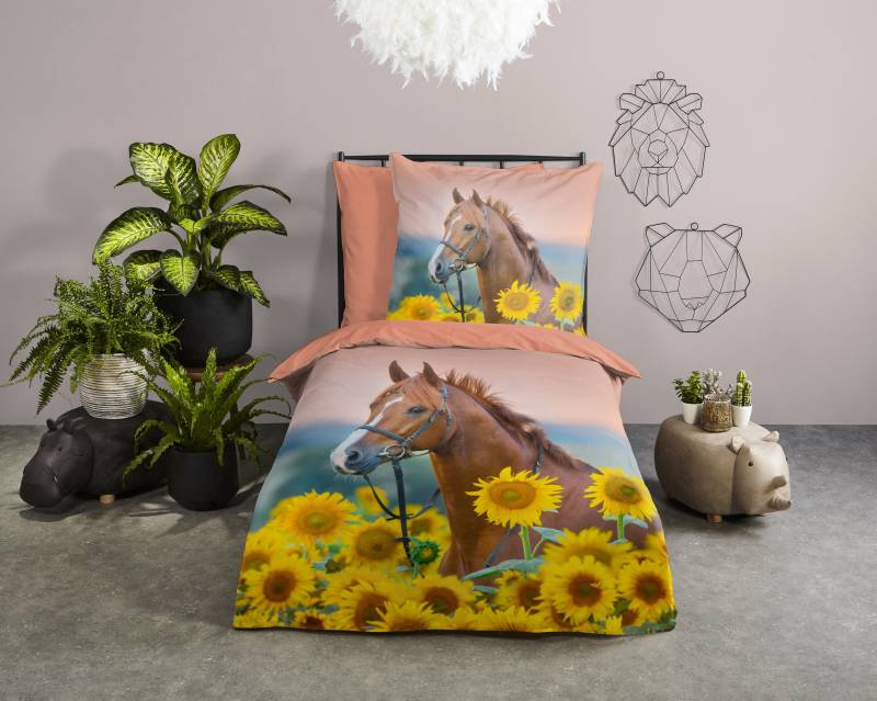 good morning Kinderbettwäsche »Beauty Horse Sunflower«, Baumwolle, 135x200, Reissverschluss, Wendeoptik, Kind, Mädchen, Pferd von good morning