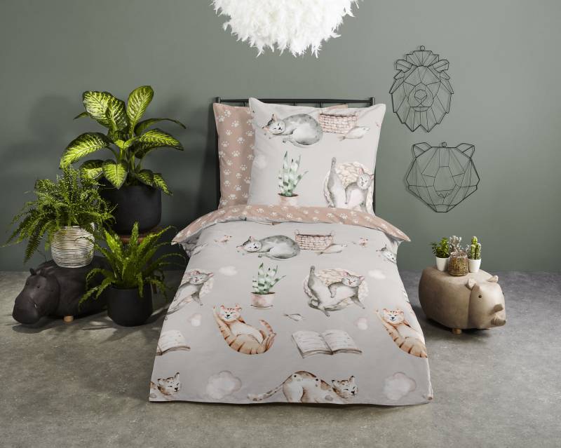 good morning Kinderbettwäsche »Catlife«, Baumwolle, 135x200, Reissverschluss, Wendeoptik, Kind, Katze, Grau von good morning