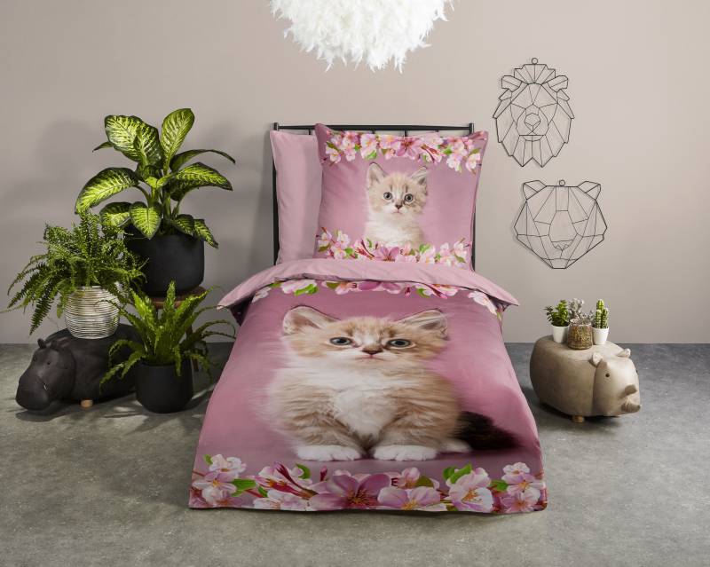 good morning Kinderbettwäsche »Century«, Baumwolle, 135x200, Reissverschluss, Wende, Kind, Mädchen, Katze, Rosa von good morning