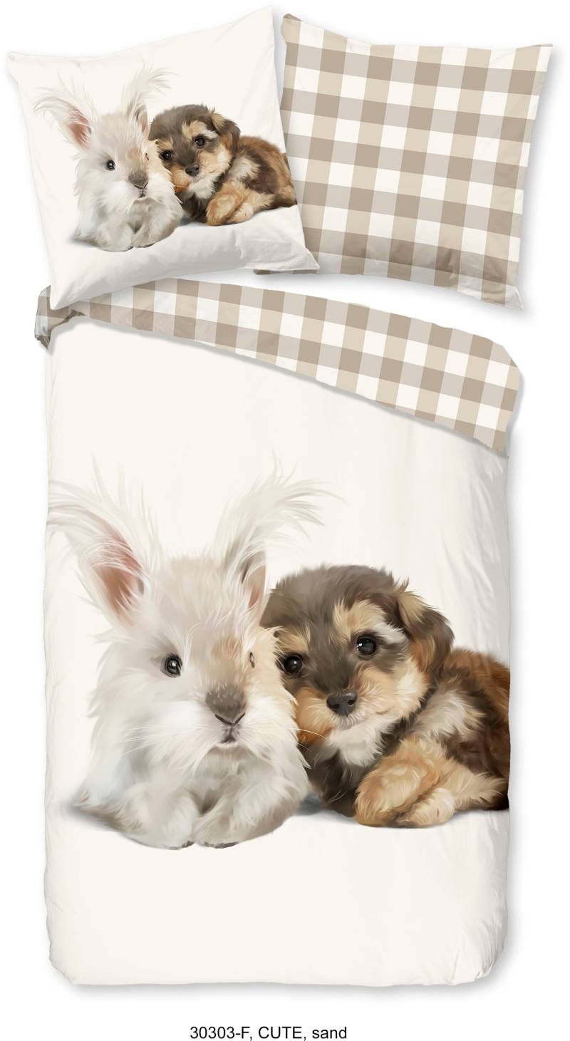 good morning Kinderbettwäsche »Cute Rabbit & Dog«, Biber, 135x200, Weich, Warm, Reissverschluss, Wendeoptik, Kind, Tier von good morning