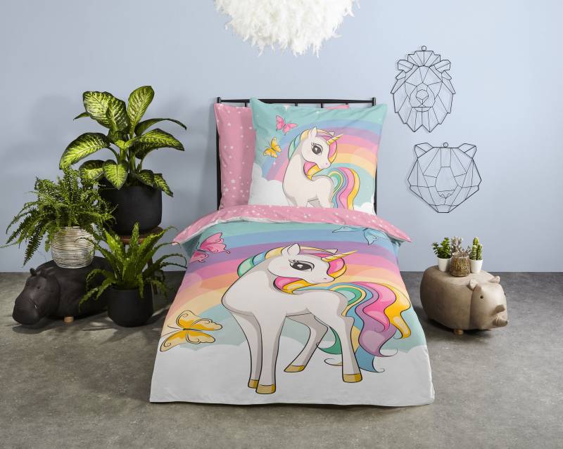 good morning Kinderbettwäsche »Dash«, Baumwolle, 135x200, Reissverschluss, Wendeoptik, Kind, Mädchen, Einhorn von good morning