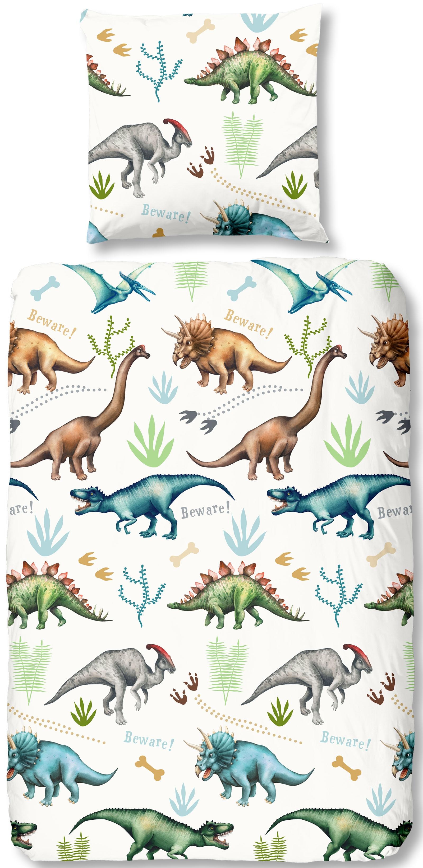 good morning Kinderbettwäsche »Dino«, Baumwolle, Renforcé, 135x200, Reissverschluss, Kind, Junge, Dino, Weiss von good morning