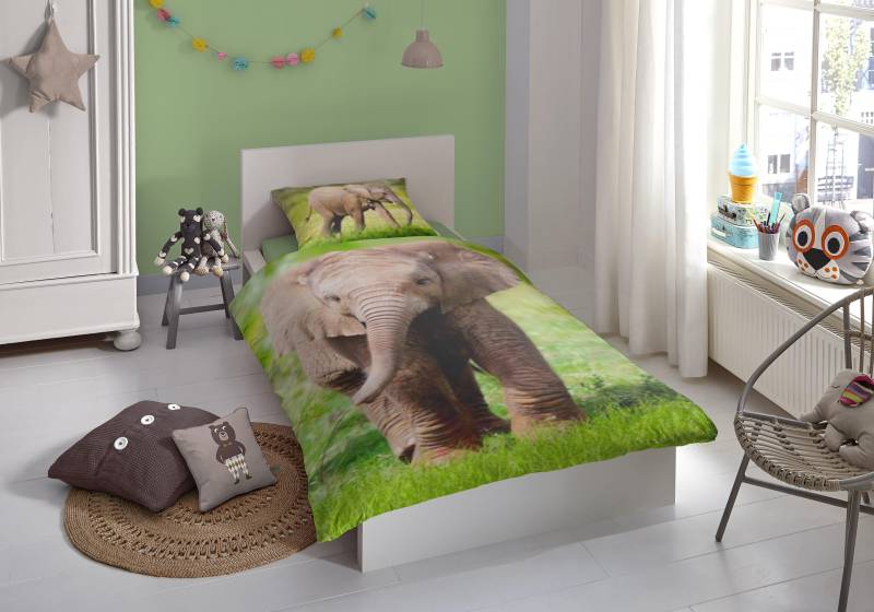 good morning Kinderbettwäsche »Elephant«, Baumwolle, Renforcé, 135x200, Reissverschluss, Kind, Elefant Kalb, Grün von good morning