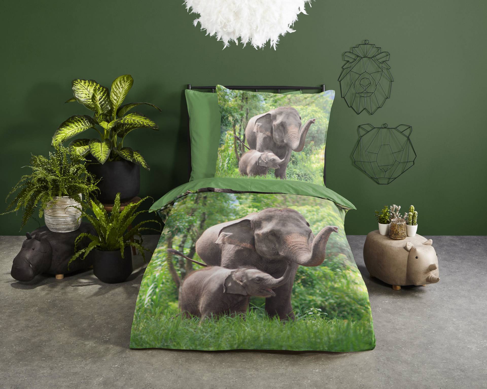 good morning Kinderbettwäsche »Elephants«, Baumwolle, 135x200, Reissverschluss, Wendeoptik, Kind, Elefant, Grün von good morning