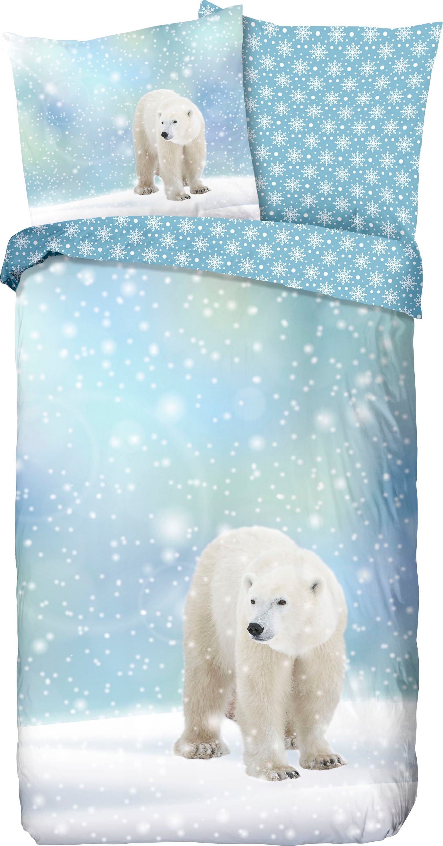 good morning Kinderbettwäsche »Icebear«, Biber, 135x200, Weich, Warm, Reissverschluss, Wendeoptik, Kind, Winter von good morning