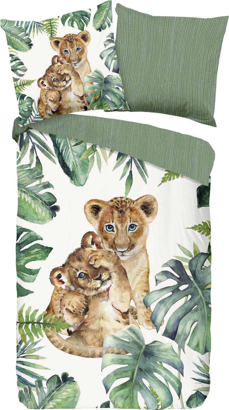 good morning Kinderbettwäsche »Jungle«, 100% Baumwolle, 135x200, Reissverschluss, Wendeoptik, Kind, Löwe, Grün von good morning