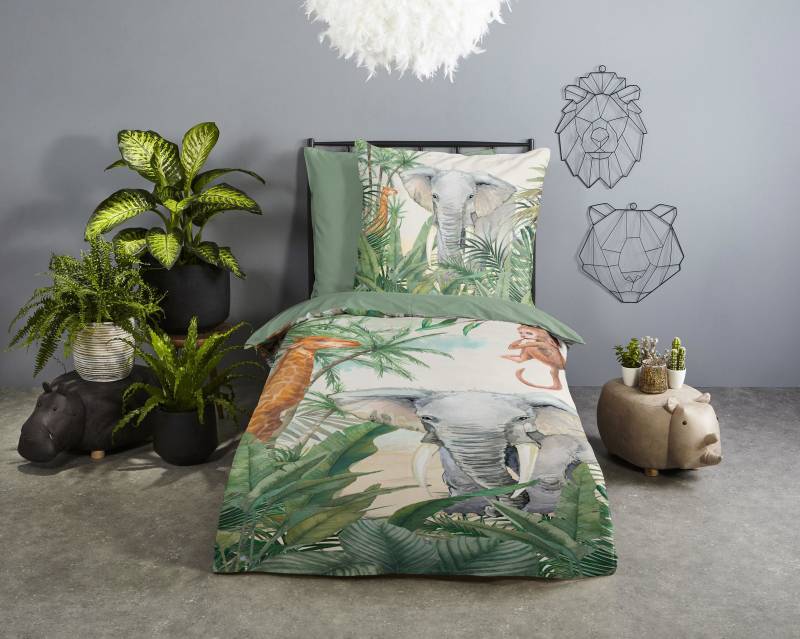 good morning Kinderbettwäsche »Jungles«, 100% Baumwolle, 135x200, Reissverschluss, Wendeoptik, Kind, Tier, Grün von good morning