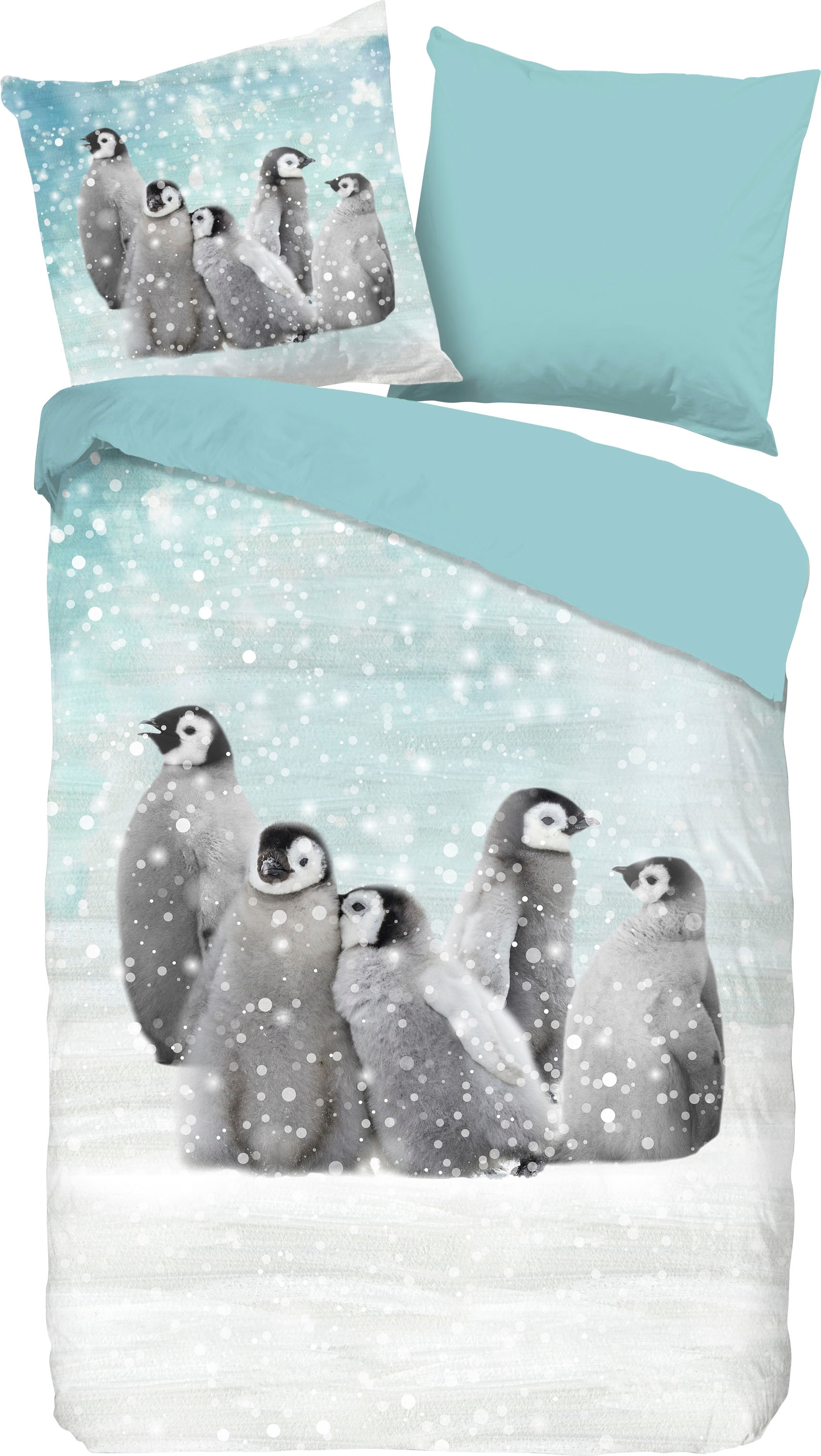 good morning Kinderbettwäsche »Pengu«, Biber, 135x200, Weich, Warm, Reissverschluss, Wendeoptik, Kind, Winter von good morning