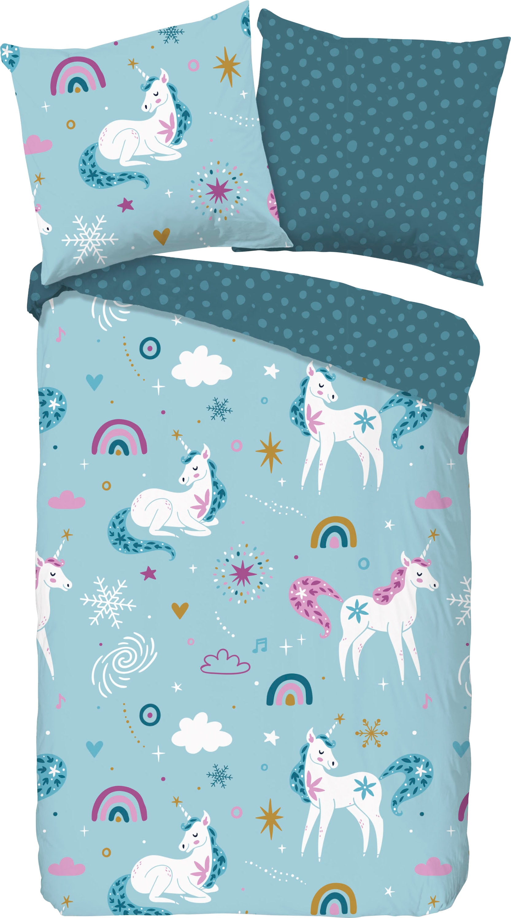 good morning Kinderbettwäsche »Snowycorn«, Biber, 135x200, Warm, Reissverschluss, Wendeoptik, Kind, Einhorn von good morning