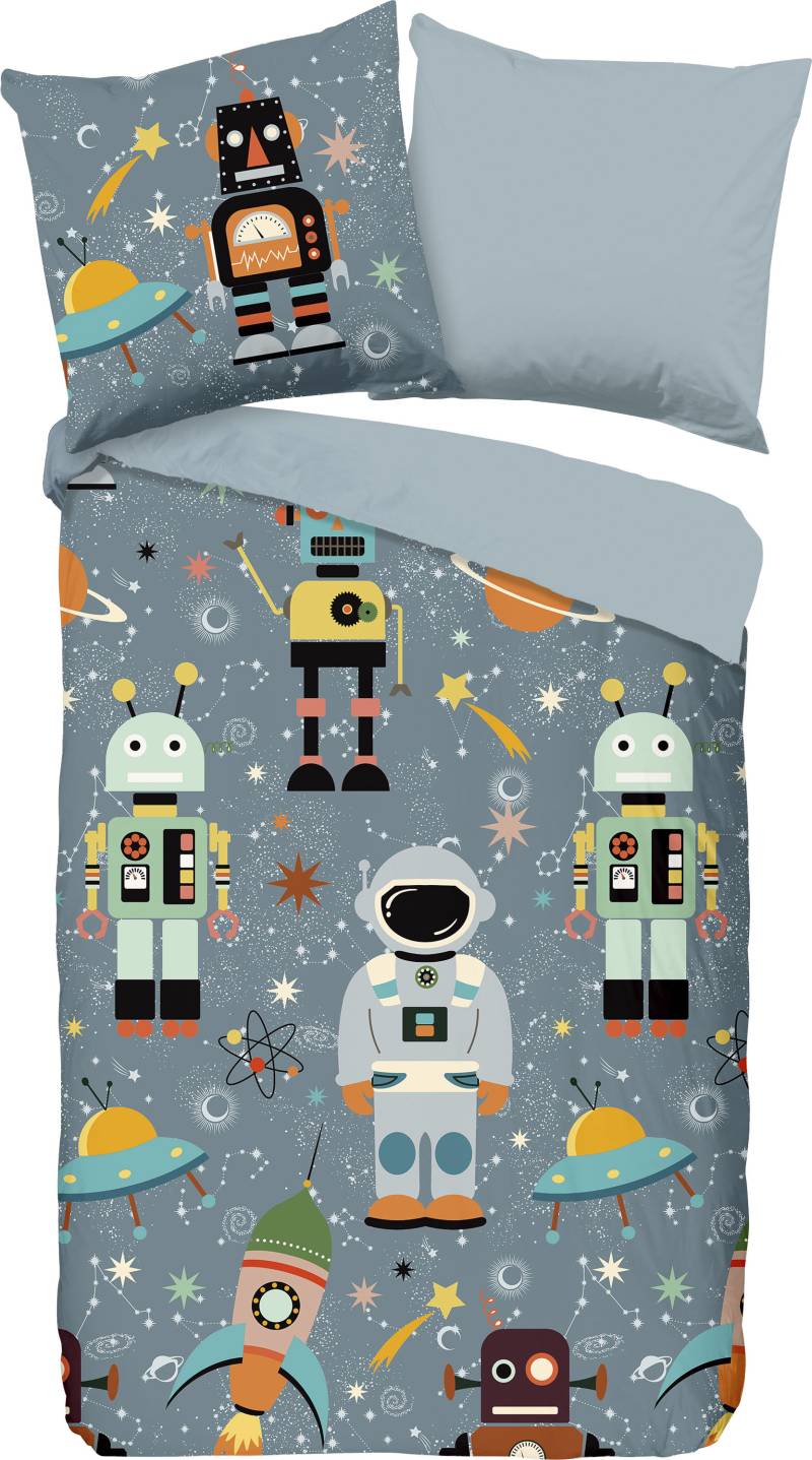 good morning Kinderbettwäsche »Spacemen«, Baumwolle, 135x200, Reissverschluss, Wendeoptik, Kind, Junge, Grau von good morning