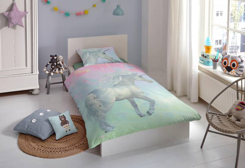 good morning Kinderbettwäsche »Unicorn«, Baumwolle, Renforcé, 135x200, Reissverschluss, Kind, Mädchen, Einhorn von good morning