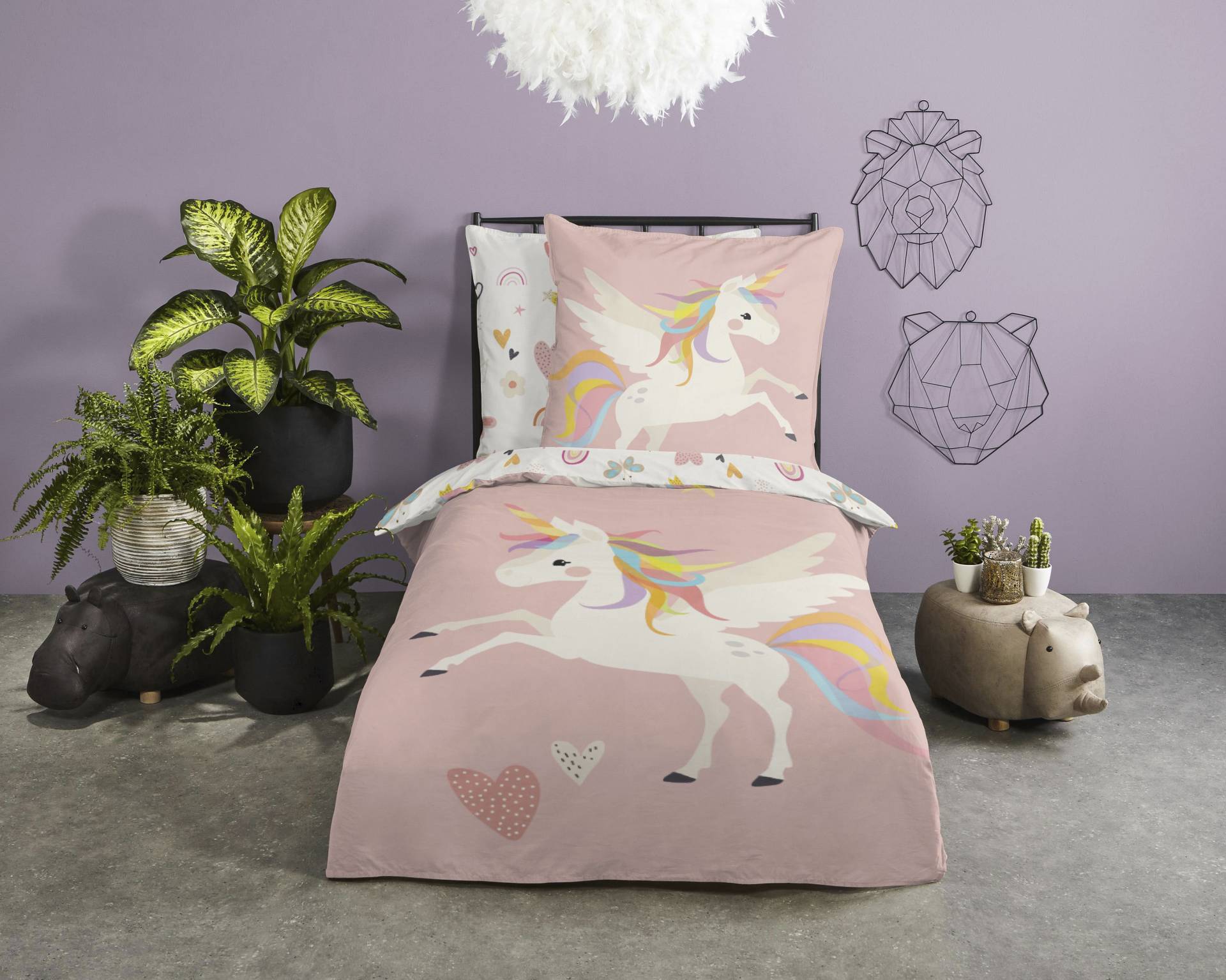 good morning Kinderbettwäsche »Unicorn«, Baumwolle, 135x200, Reissverschluss, Wendeoptik, Mädchen, Einhorn, Rosa von good morning