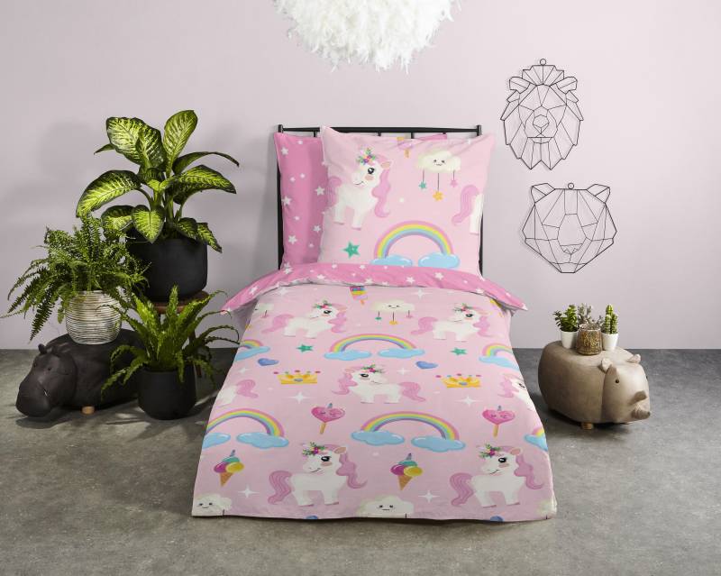 good morning Kinderbettwäsche »Uniloves«, Baumwolle, 135x200, Reissverschluss, Wendeoptik, Einhorn, Mädchen, Rosa von good morning