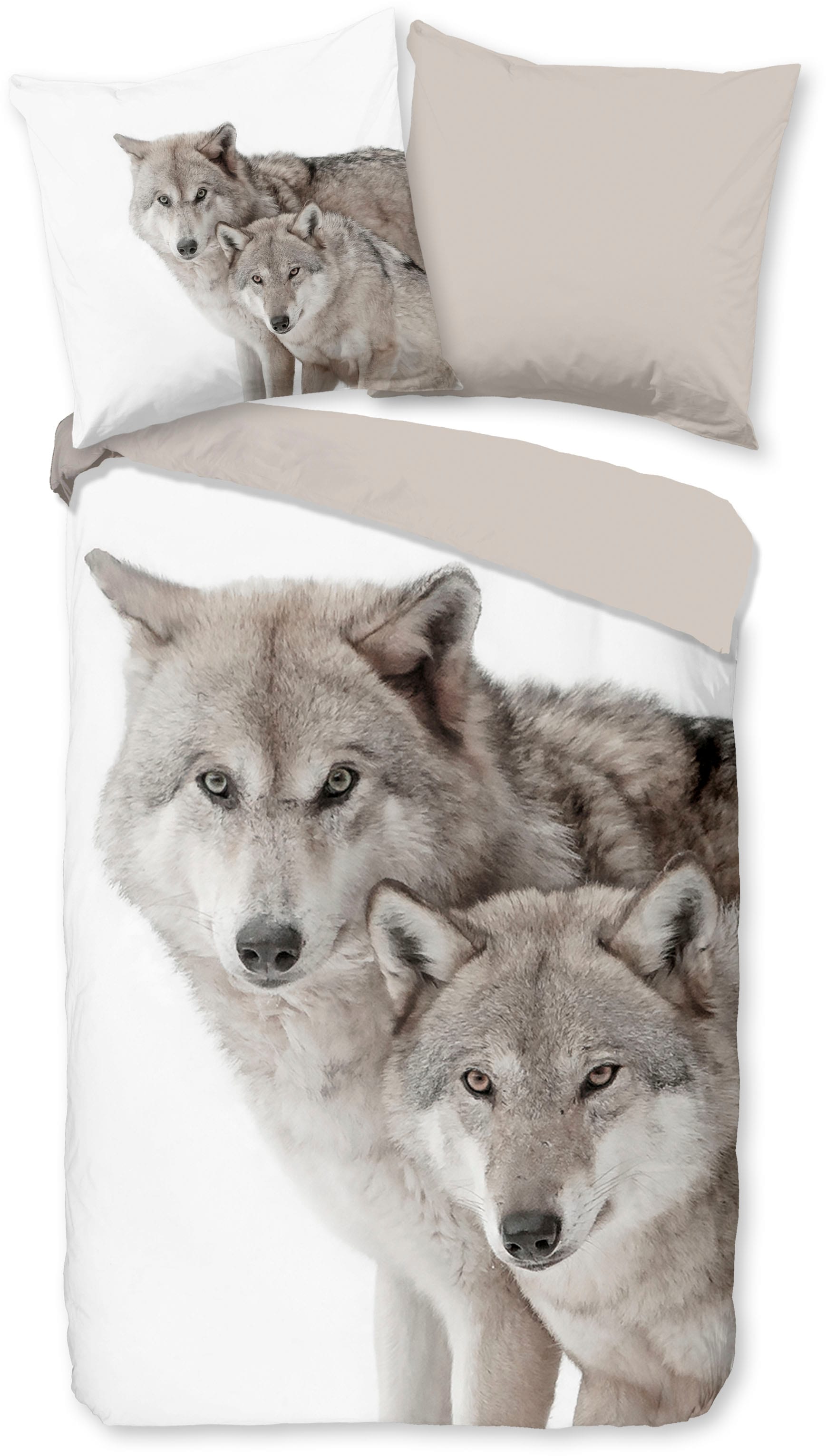 good morning Wendebettwäsche »Fera«, Biber, 135x200, Warm, Weich, Wendeoptik, Reissverschluss, Wolf, Sand von good morning