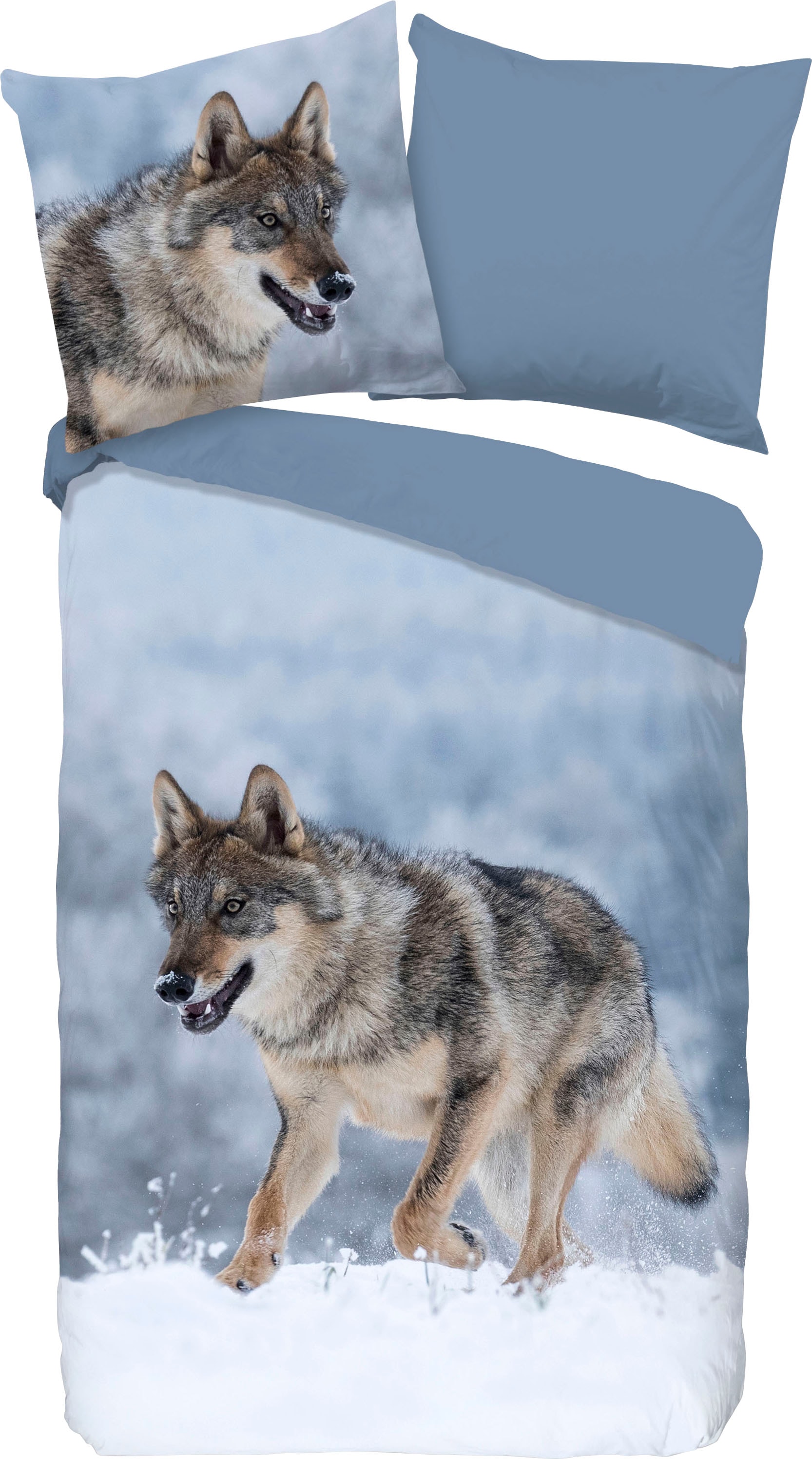 good morning Wendebettwäsche »Snow Wolf«, 100% Baumwolle, 200x200, 3 Teilig, Reissverschluss, Wendeoptik, Winter von good morning